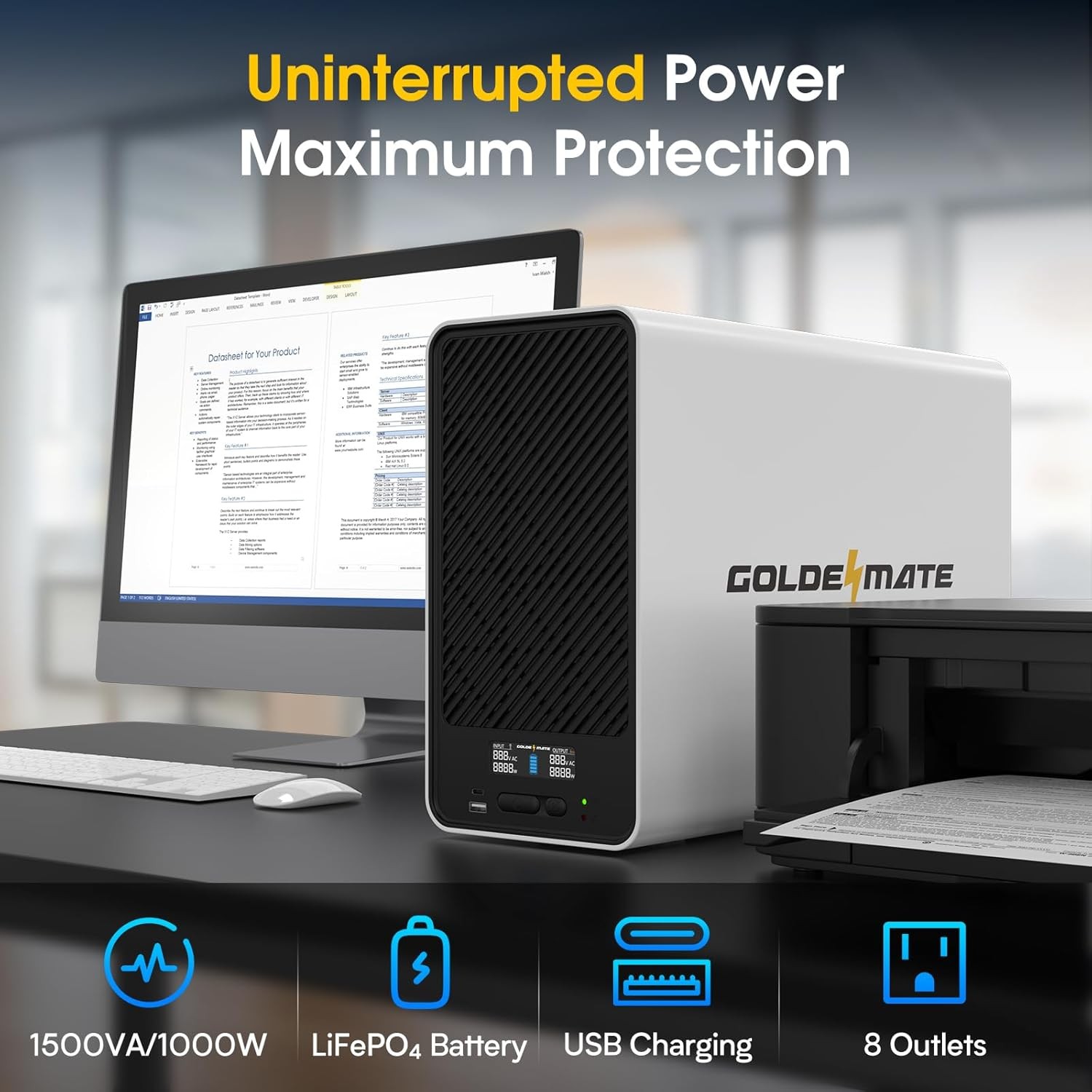 Goldenmate 1500VA 1000W UPS Pure Sine Wave LiFePO4 Battery Backup Power