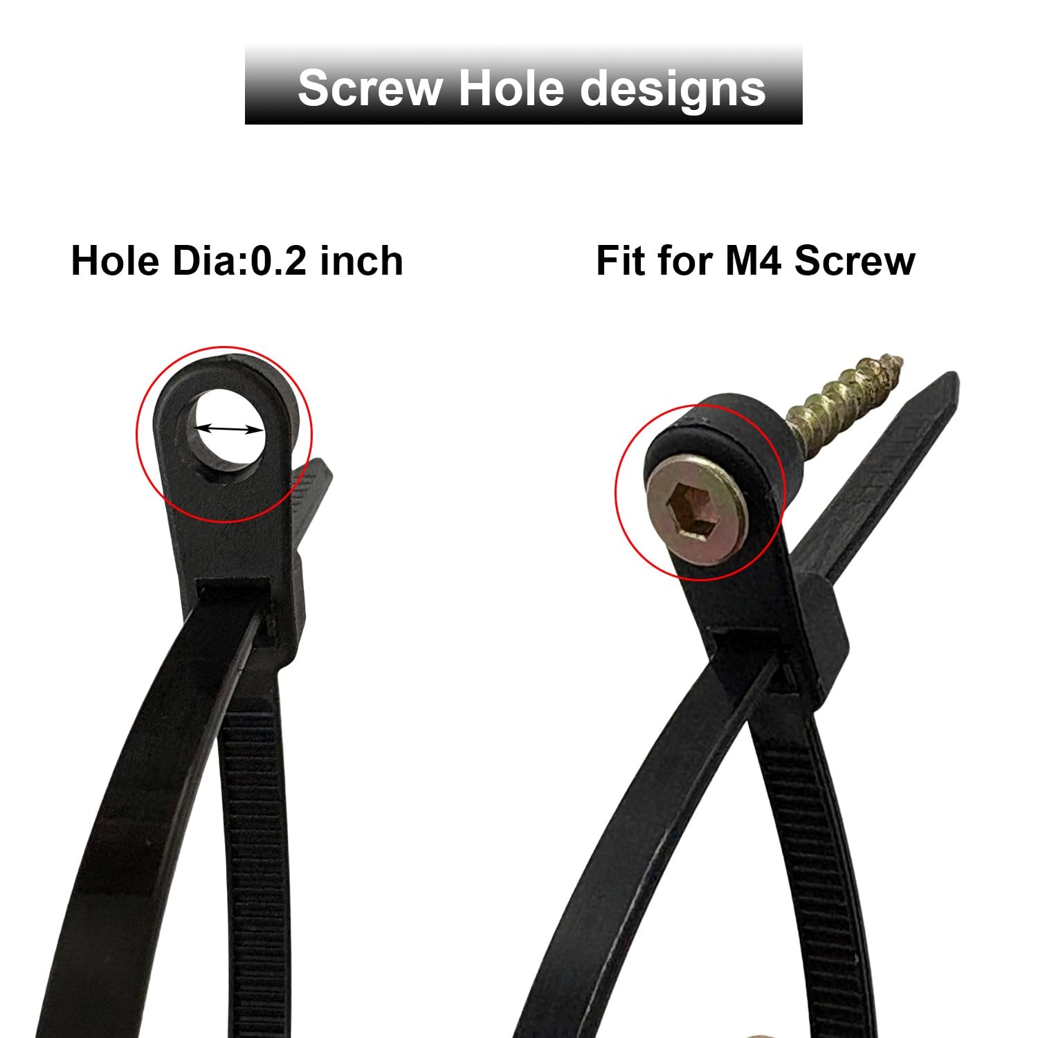 100Pcs Plastic Cable Ties with Screw Holes 8 Inch Self locking Black