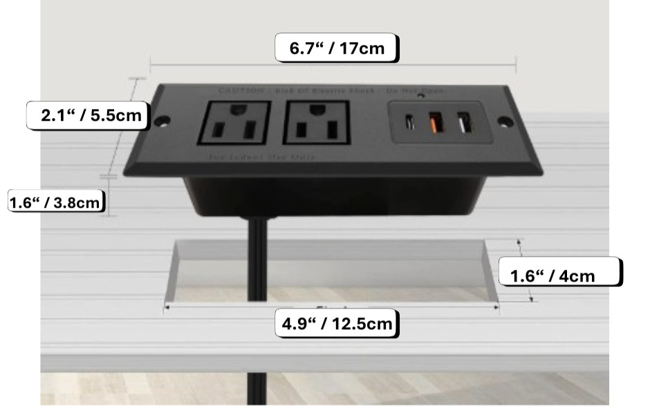 Recessed Embedded Power Strip Plug Socket 2 USB +Type-c. Desktop power.