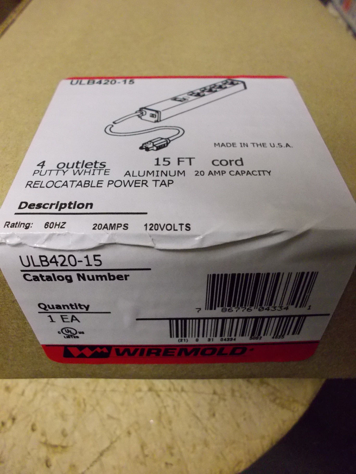 20 Amp 4 Outlet Power Strip with 15′ 12AWG cable, Wiremold ULB420-15, NIB