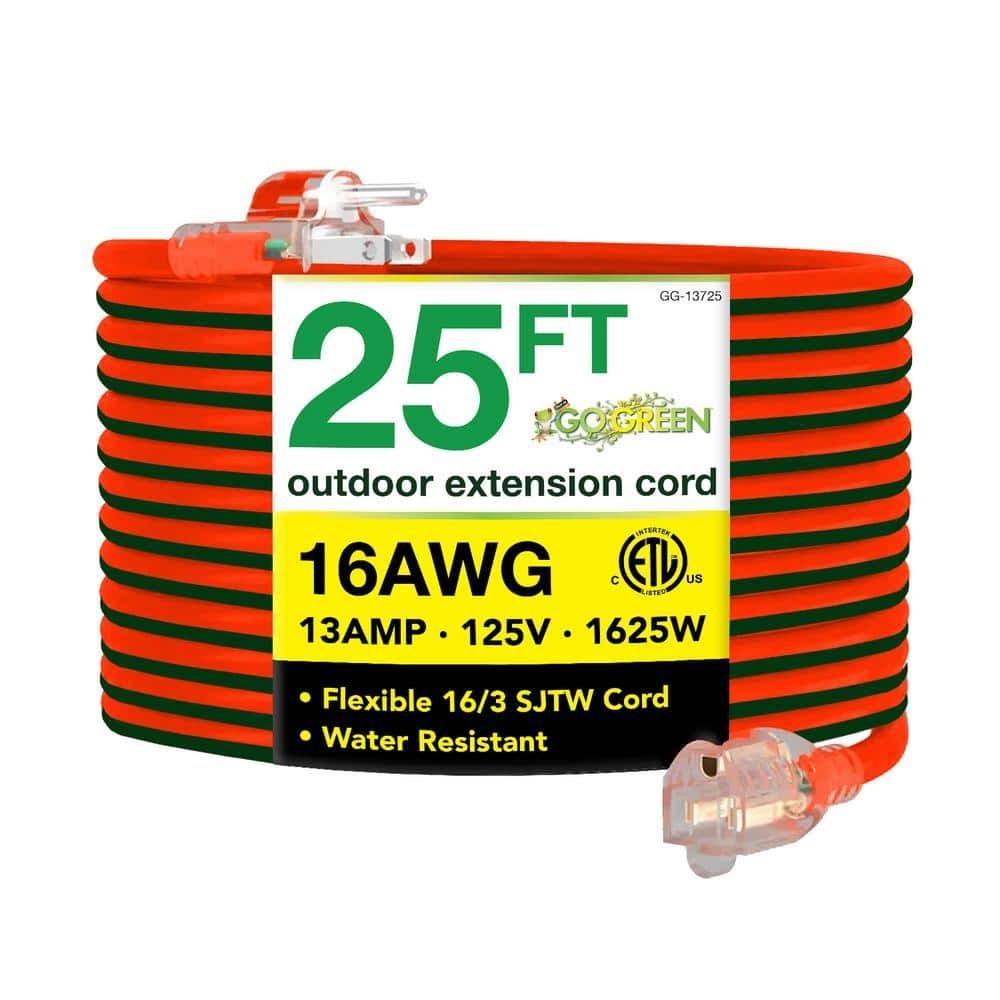 GoGreen Power 25 ft Extension Cord 16/3 SJTW Outdoor Heavy Duty Lighted Ends