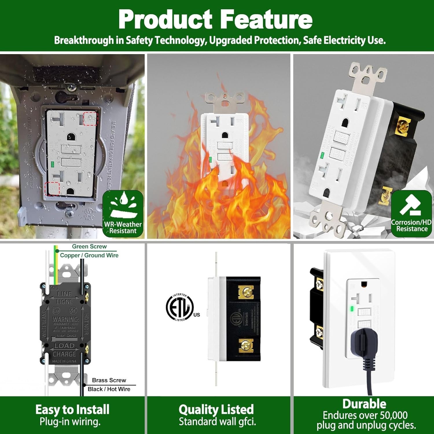 Greencycle 20 Amp GFCI Outlet 3 Pack Weather Resistant White ETL Listed