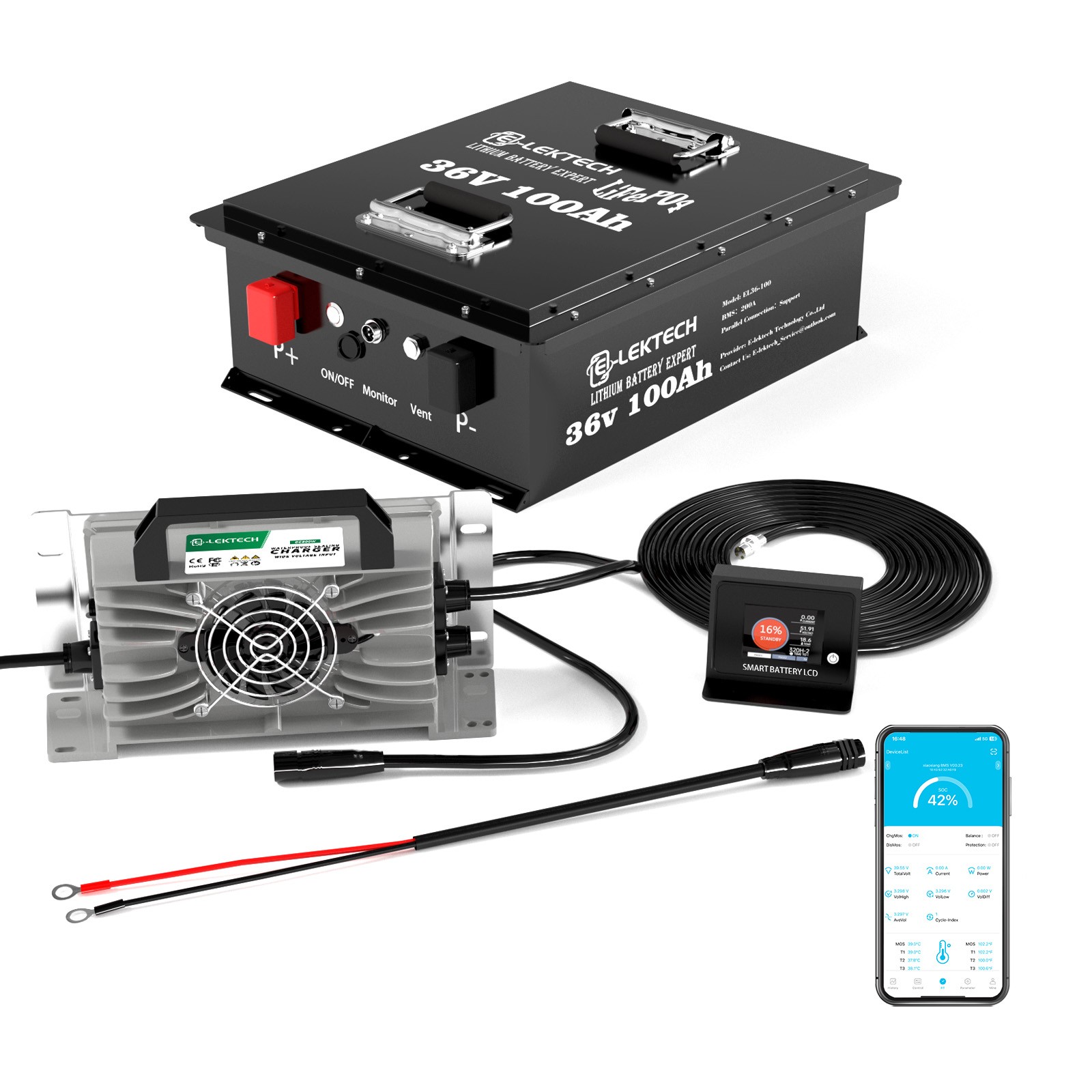36V 100Ah Golf Cart LiFePO4 Lithium Battery 200A BMS &Chager&Monitor RVs Camping