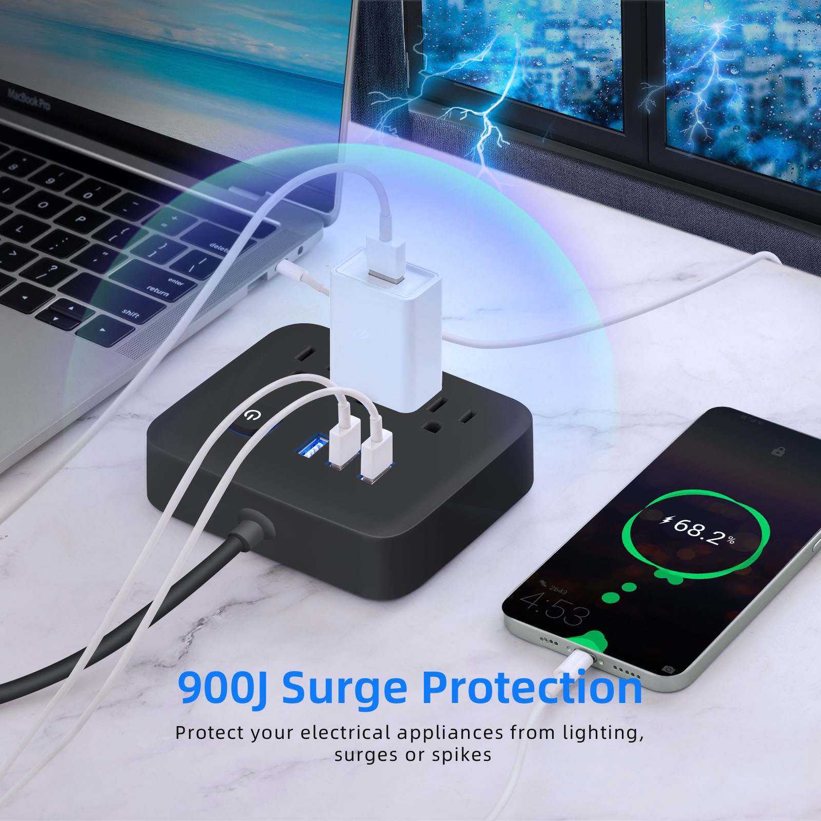 Flat Plug Strip 6 AC Outlets 3 USB Charging Ports 900J Surge Protector 4Ft Cord