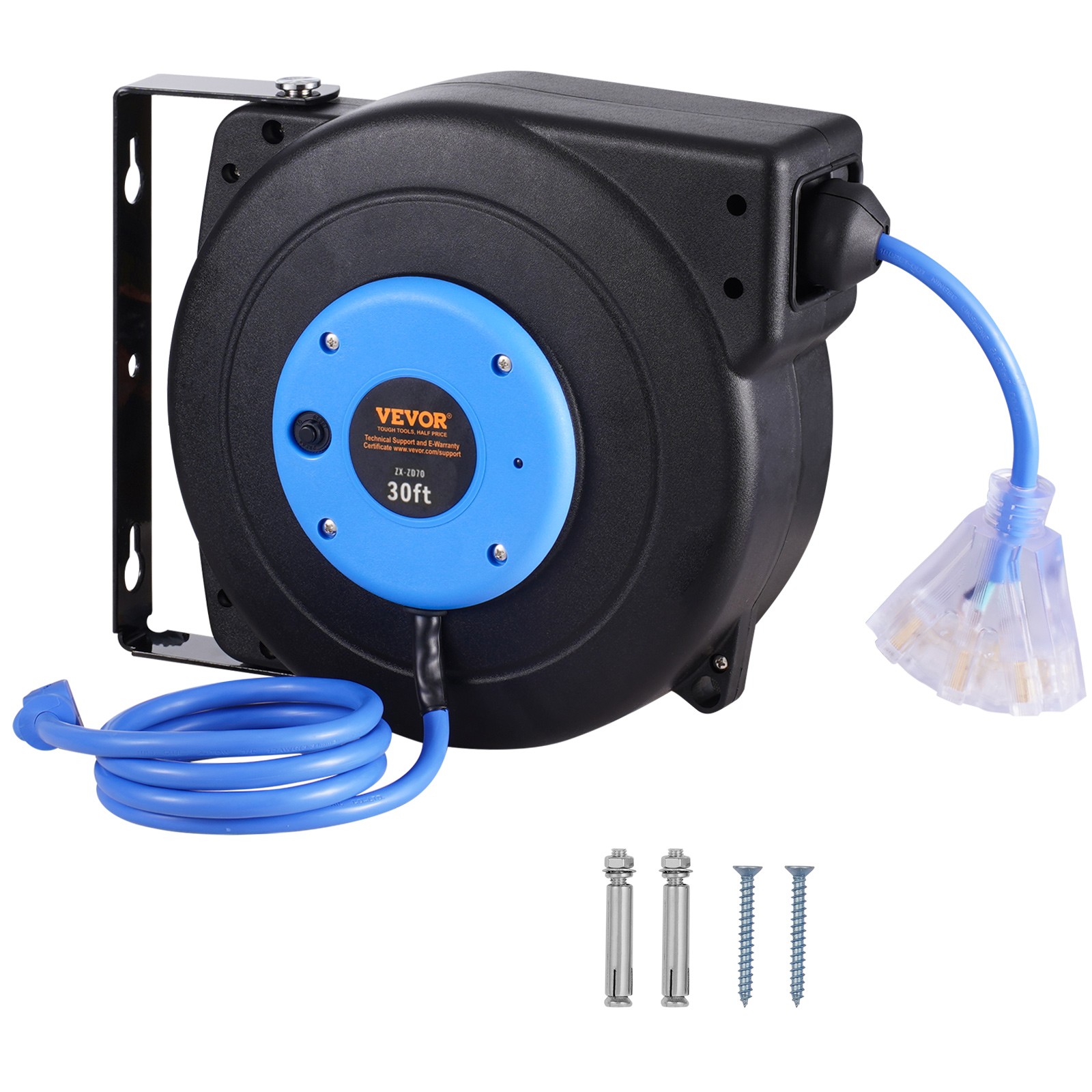 VEVOR Retractable Extension Cord Reel Power Cord Reel 30FT 16AWG/3C SJTOW