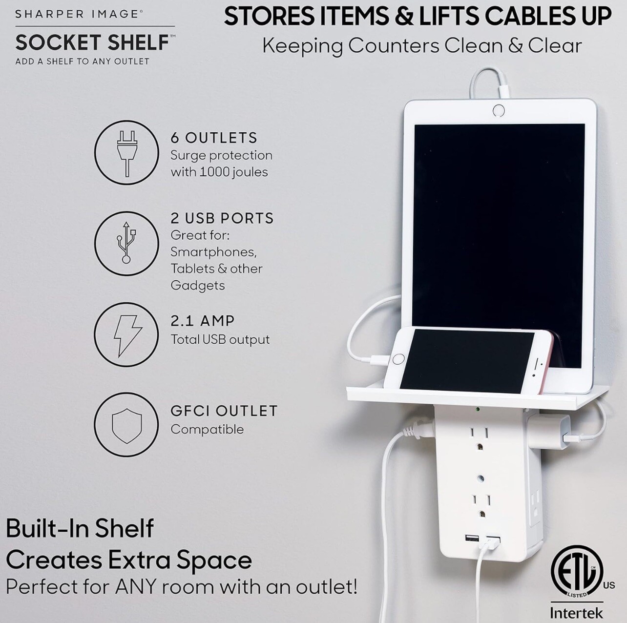 Sharper Image Socket Shelf Cordless Wall 6-Outlet Extender – White