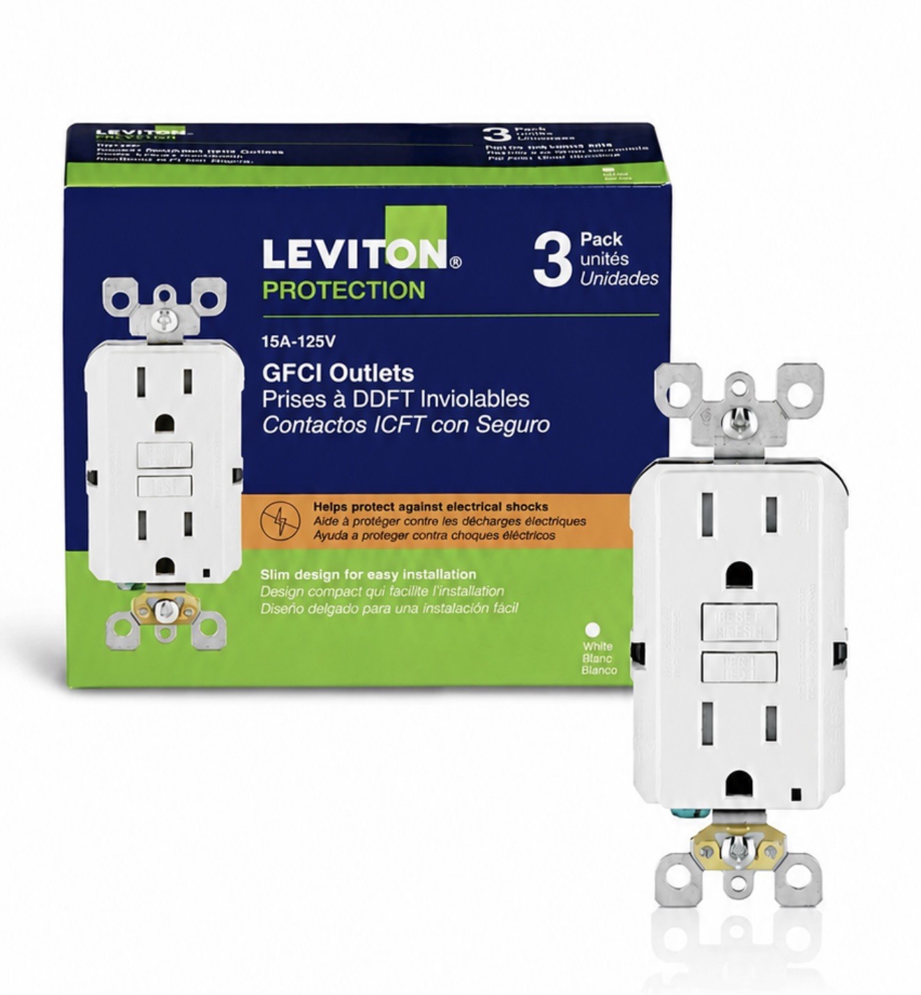 Leviton GFTR1-3W 3-Pack 15A GFCI Outlet White NEW Sealed