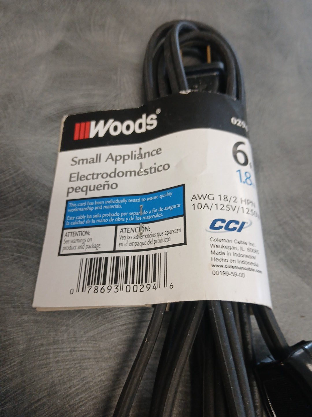 Woods 6 Ft. Mini Plug Appliance Cord 0294 Black 18/2 – 10A / 125V / 1250W *NEW*