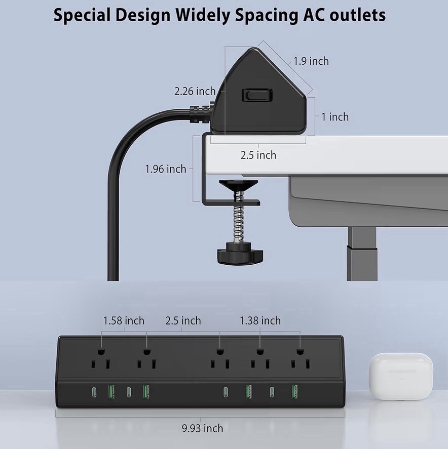 Desk Clamp Power Strip USB C 45W,8 USB,10FT Cable,Black