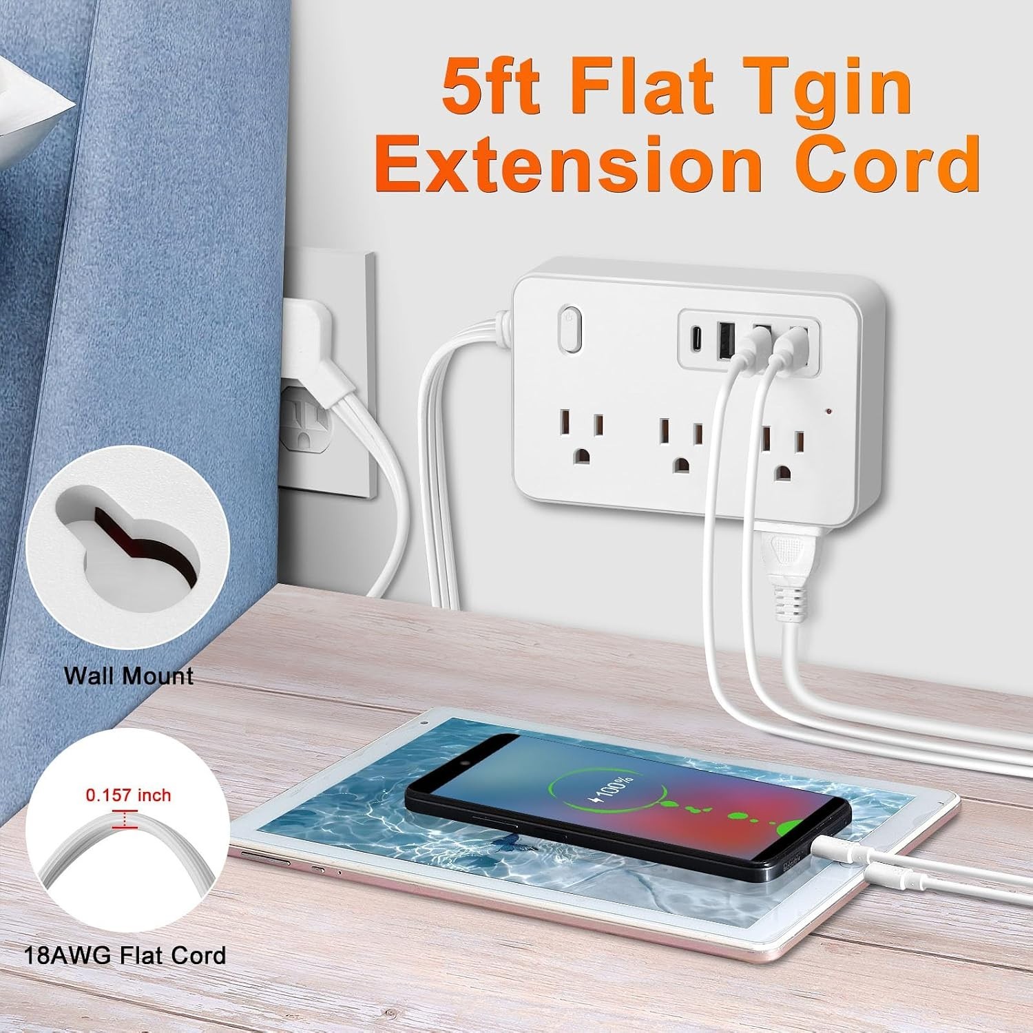 5FT Surge Protector Power Strip with 6 AC Outlets & 4 USB Ports – 1700 Joules