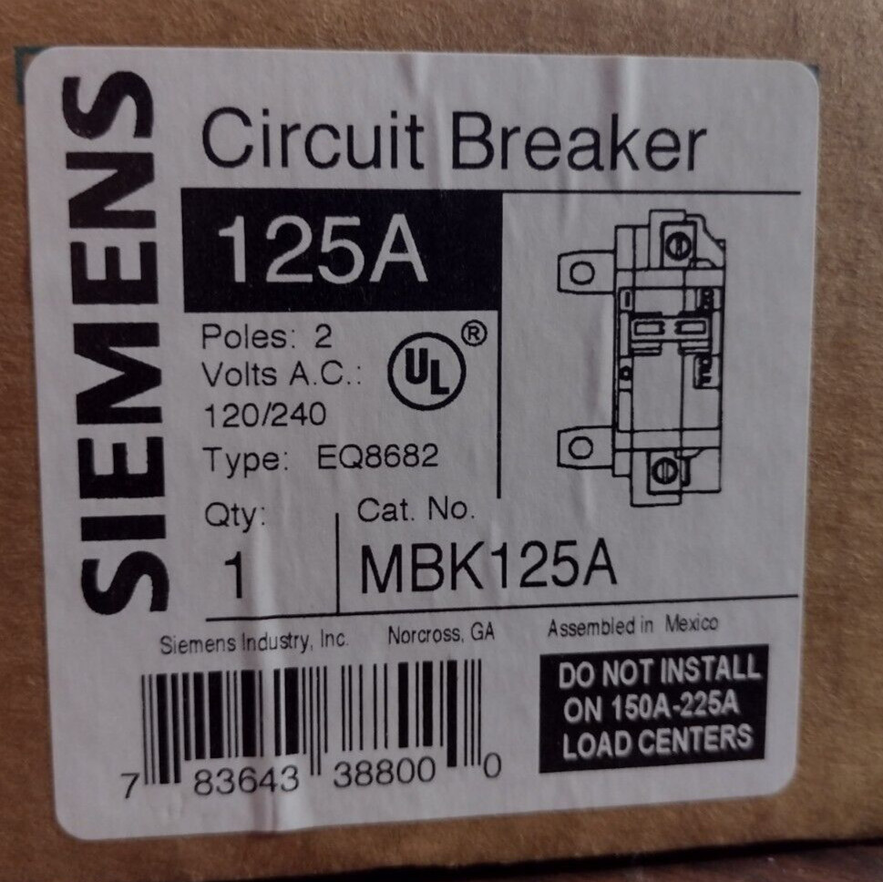 SIEMENS MBK125A MAIN CIRCUIT BREAKER 125 AMP 120/240 VAC 2-POLE NEW IN BOX