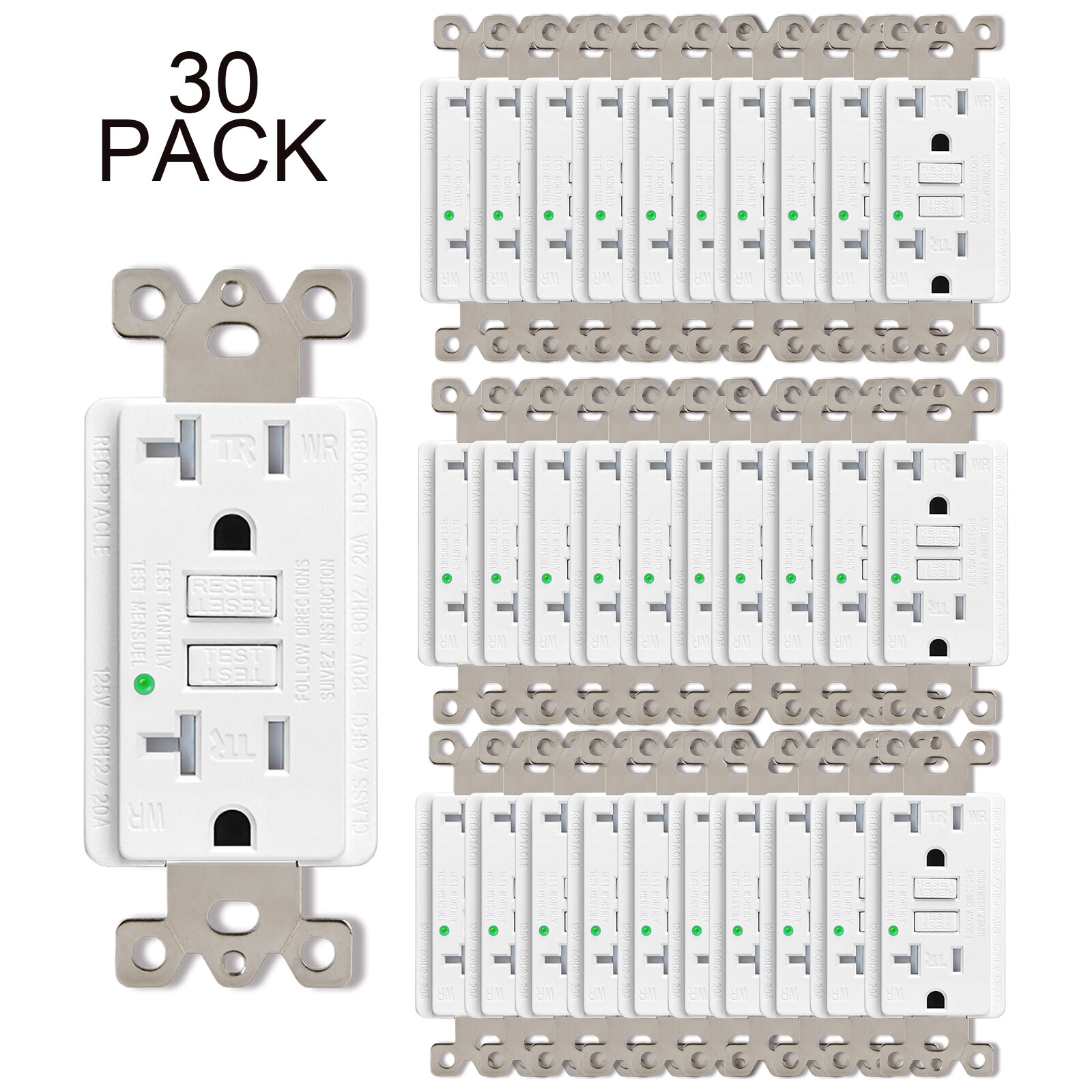 20Amp GFCI Outlets Tamper Weather Resistant WR TR Receptacles w/Plate 30 Packs