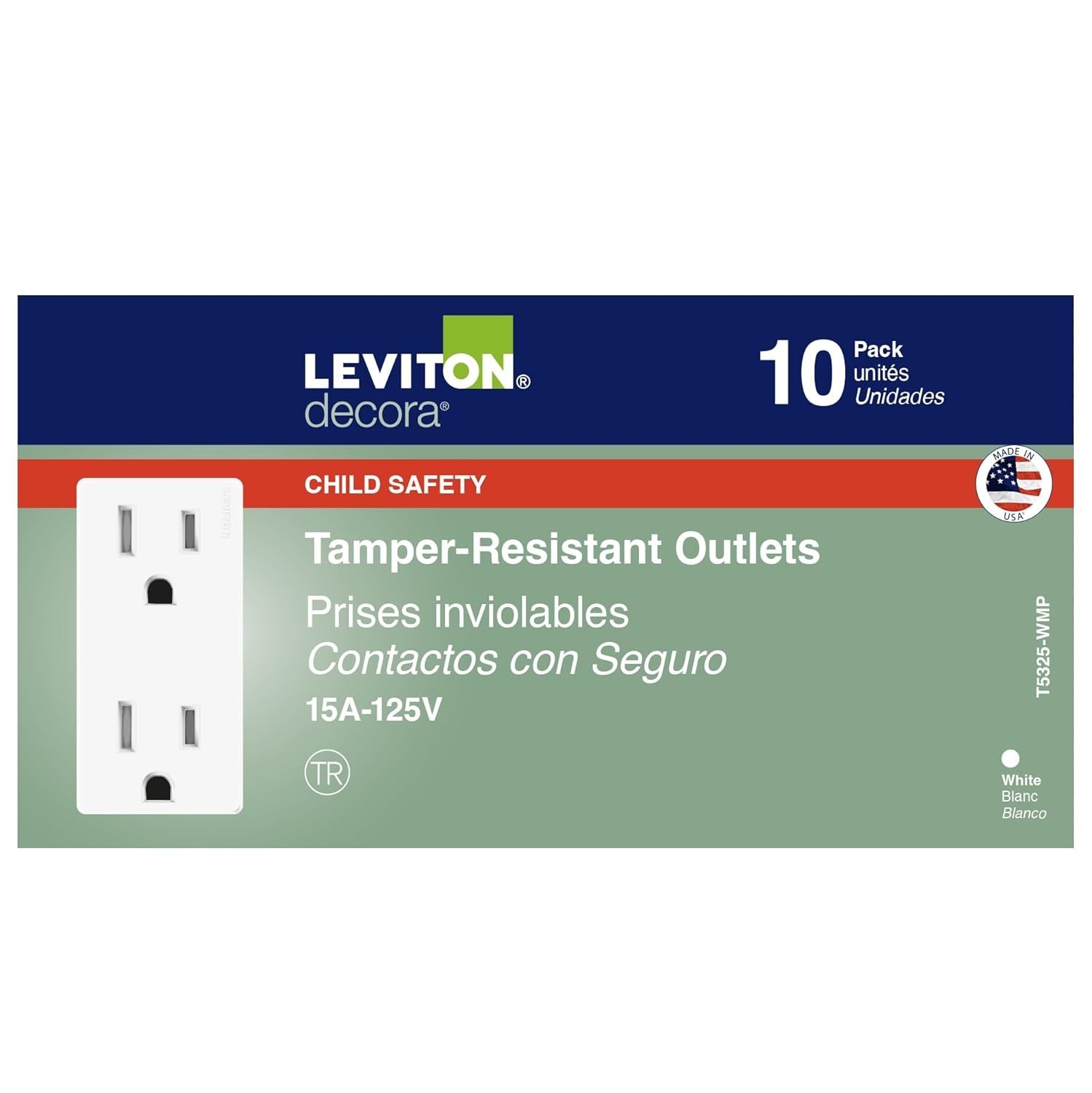 15 Amp Decora Tamper-Resistant Duplex Electrical Wall Outlet, 10 Pack, , White