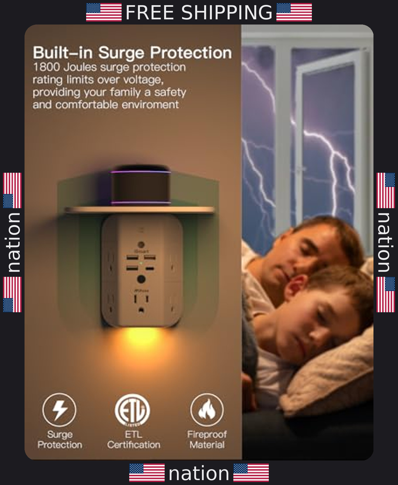 Multi-Plug Wall Outlet Extender with Shelf, Night Light & USB Ports