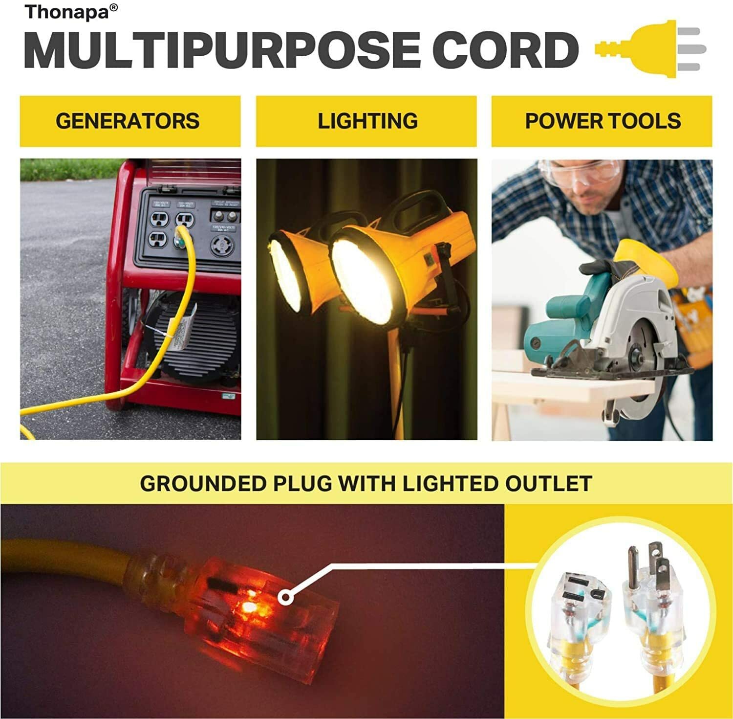 10 Ft Outdoor Extension Cord, 2 Pack – 12/3 Heavy Duty Yellow Extension Cable