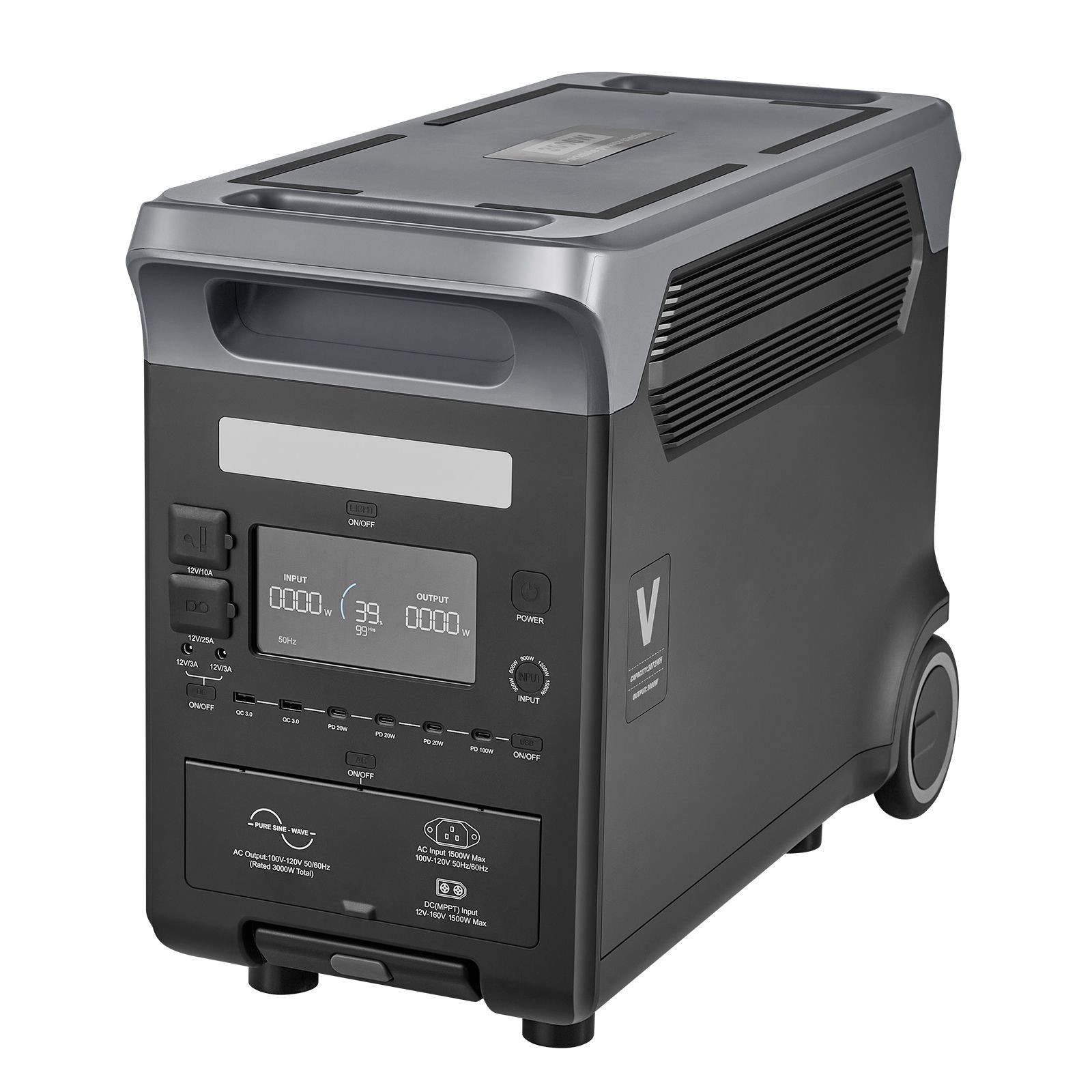 LiFePO4 Solar Generator: 3000W 3072Wh, Wheels & Handle, 15 Output Ports