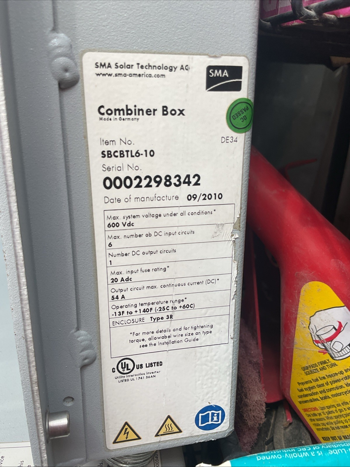Sunny Boy SBCBTL6-10 Combiner Box J Box *All Working – $400 New* Made In Germany