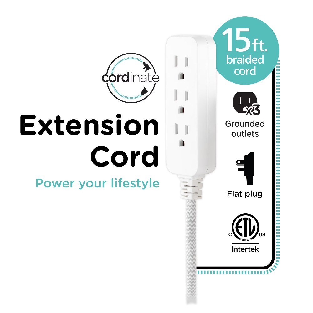 15ft Braided Extension Cord with 3 Outlets Gray White Power Strip Surge