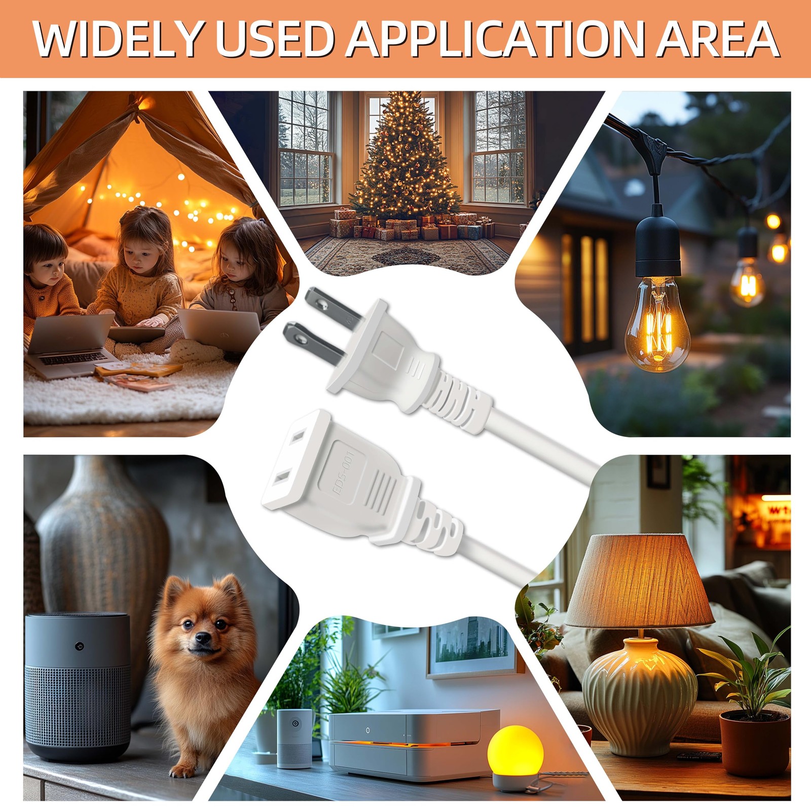 10 Foot Flat Extension Cord, White, 2 Prong 5a 625w | Light Duty Polarized, Thin