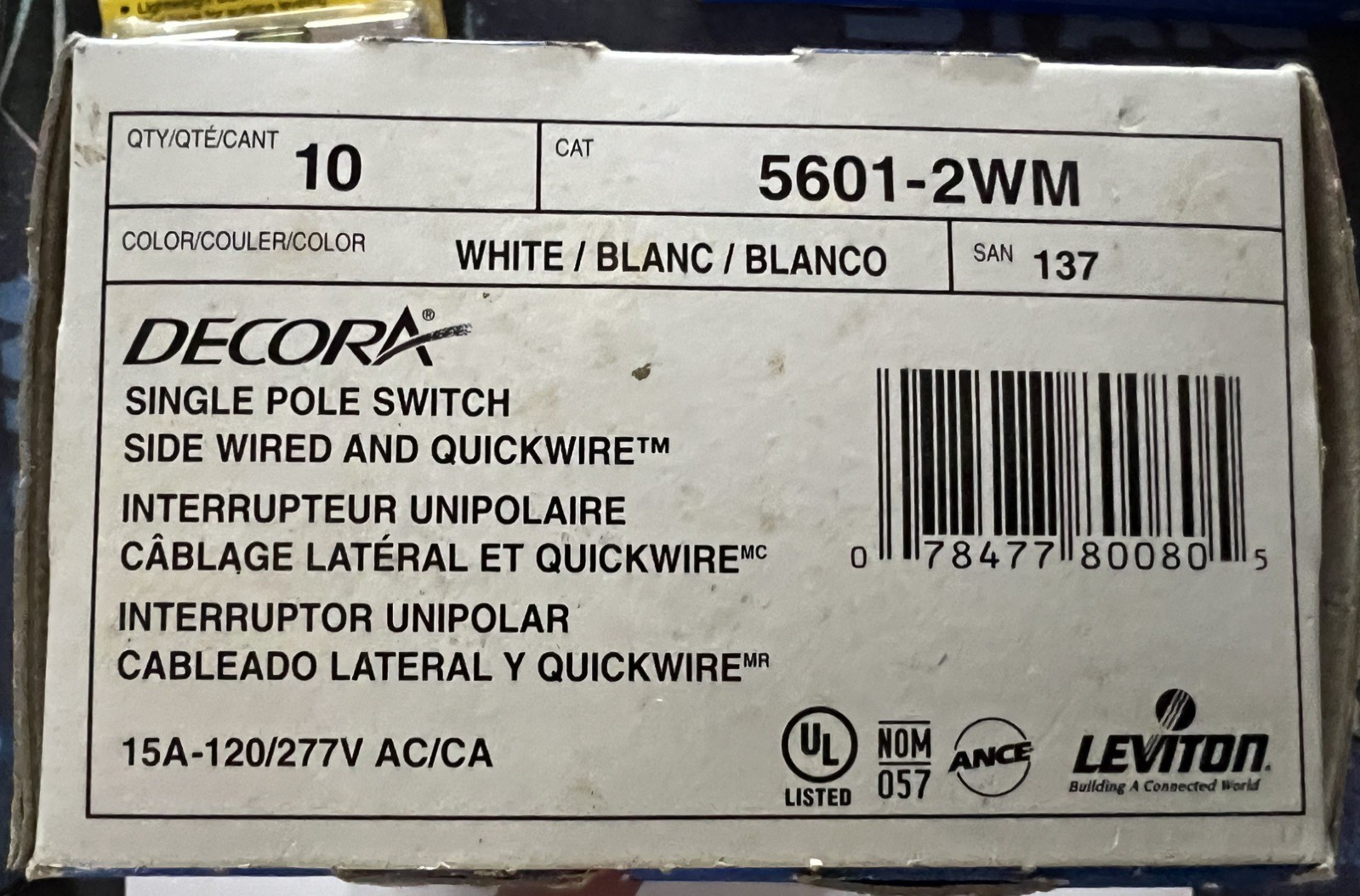 Leviton Decora 15A 120/277V White Rocker Switches 10 Pack 5601-2WM Made in USA