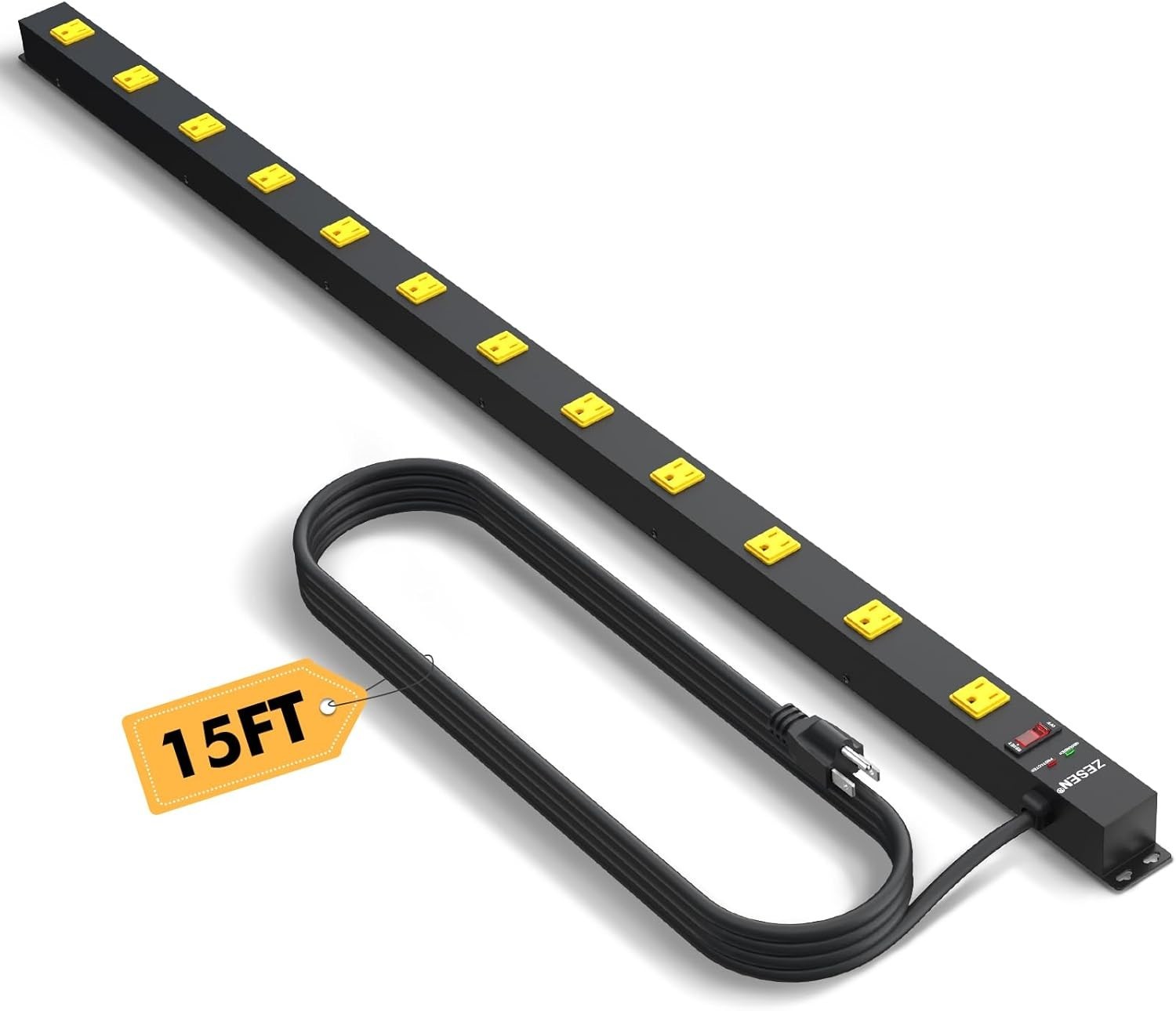 Lot of 2 YLPT-15FT-12 ZESEN 12 Outlet Heavy Duty Metal Power Strip Cord ETL BLK