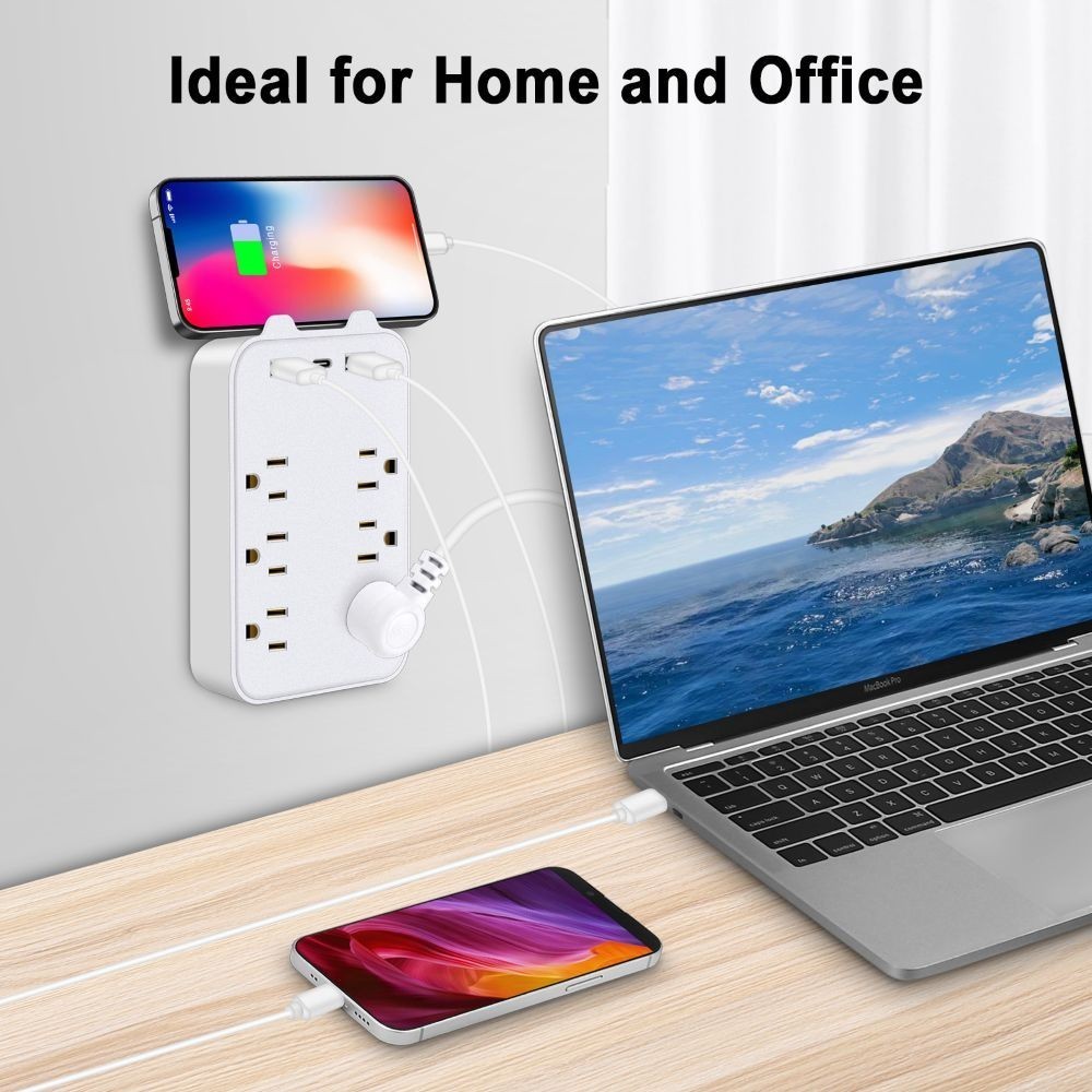 1Pack Multi Plug Outlet Extender with 6 Outlets 3 USB Wall Charger (1 USB C) NEW