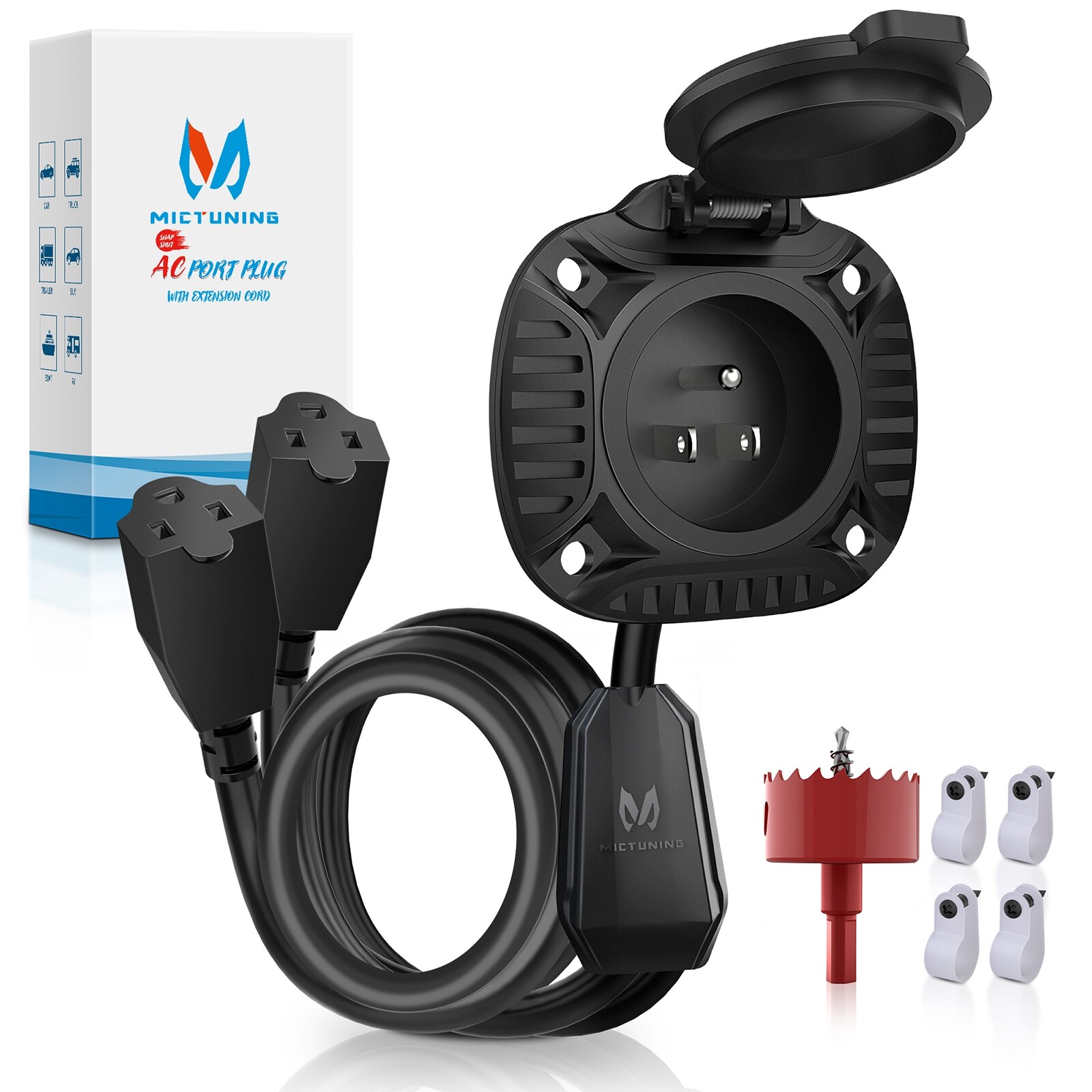 15Amp AC Port Plug 20 inch Integrated Extension Cord Y-Splitter Cable for RV Van