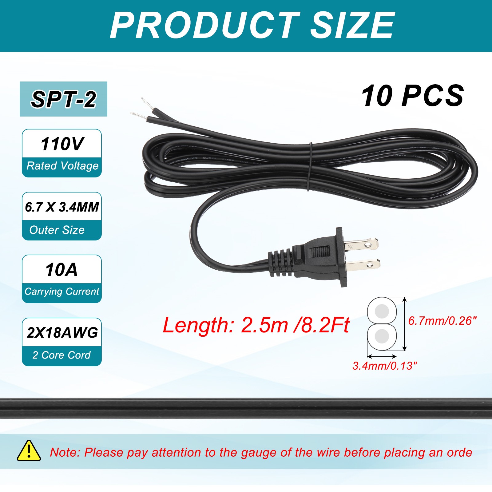 10 Pack 8.2 Feet Lamp Cord SPT-2 18AWG UL Listed Power Wire Black