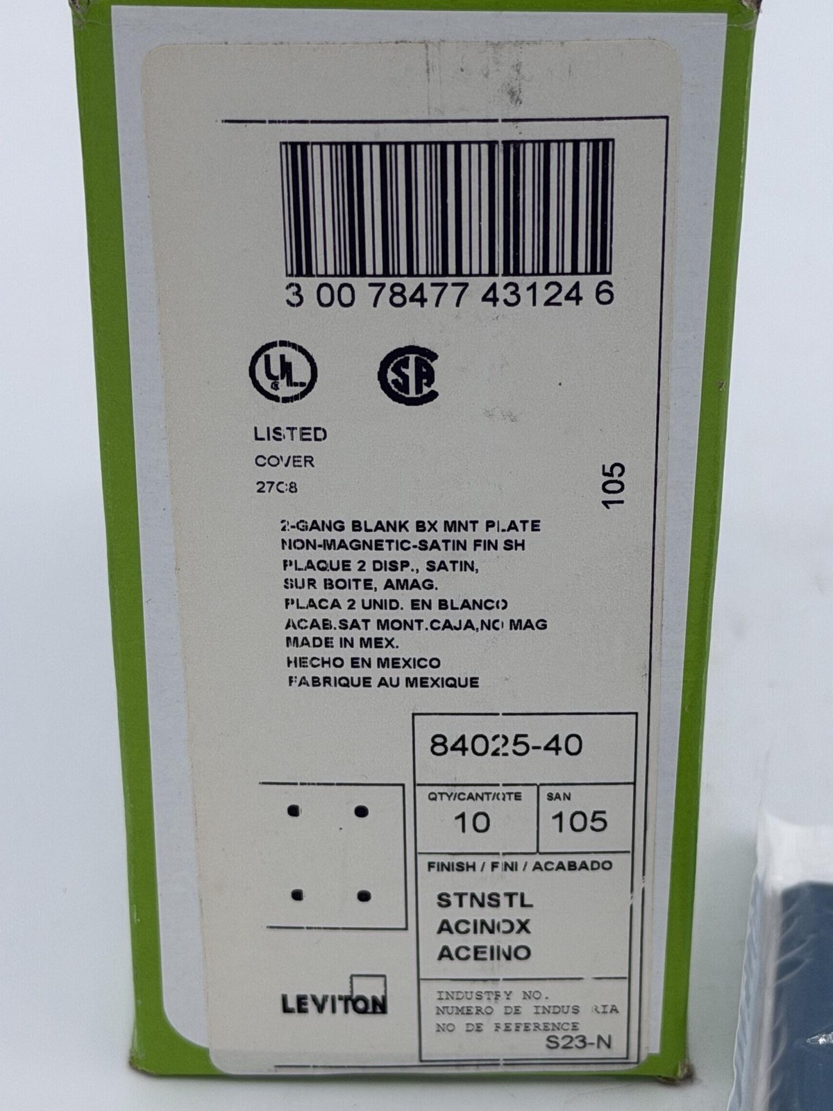 Leviton 84025-40 Blank Wall Plate Stainless Steel Silver 2-Gang 10 Pack Mexico