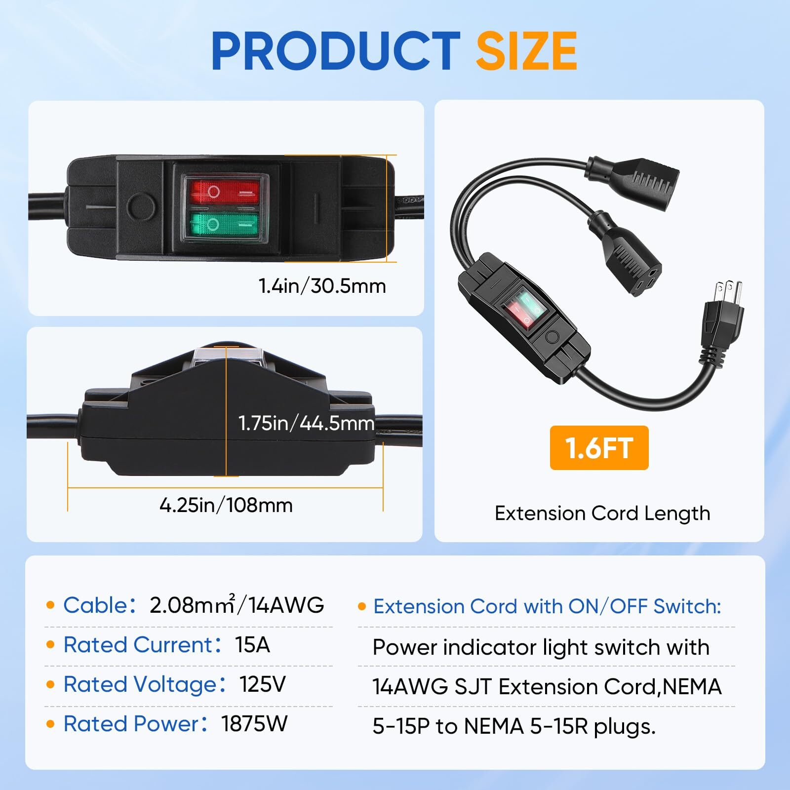 1.6FT 2-Way Extension Cord Splitter with On/Off Switch Heavy Duty 3-Prong