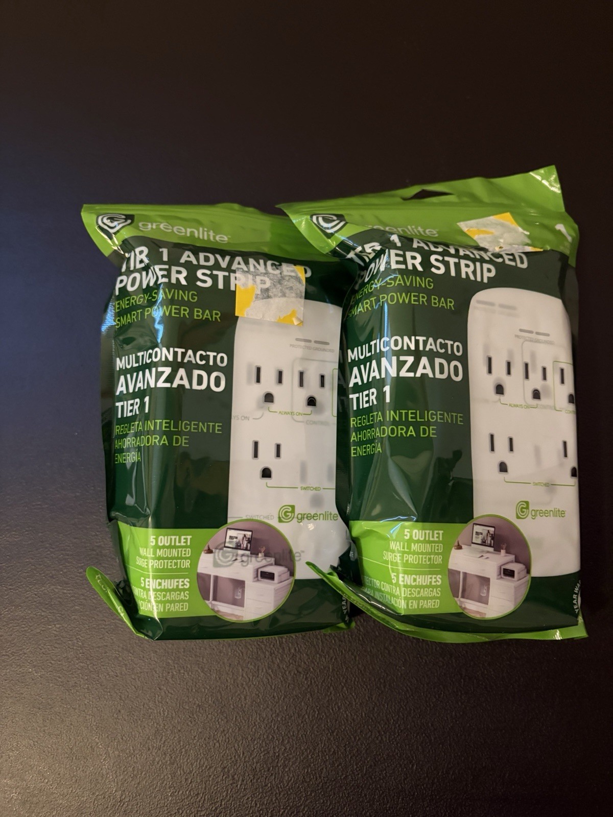 2 Greenlite 5 Outlet Tier 1 Advanced Power Strip Wall Mt Surge Protector NEW
