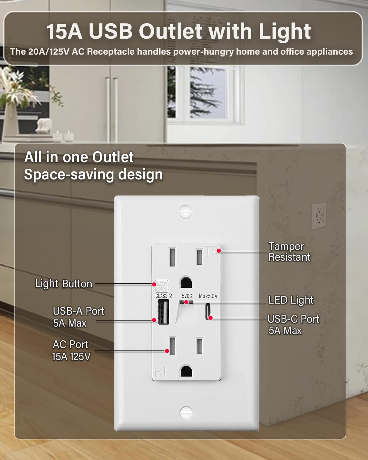 USB Outlet with Light, Modern 15A Standard Outlet with Night Light, USB Type a &