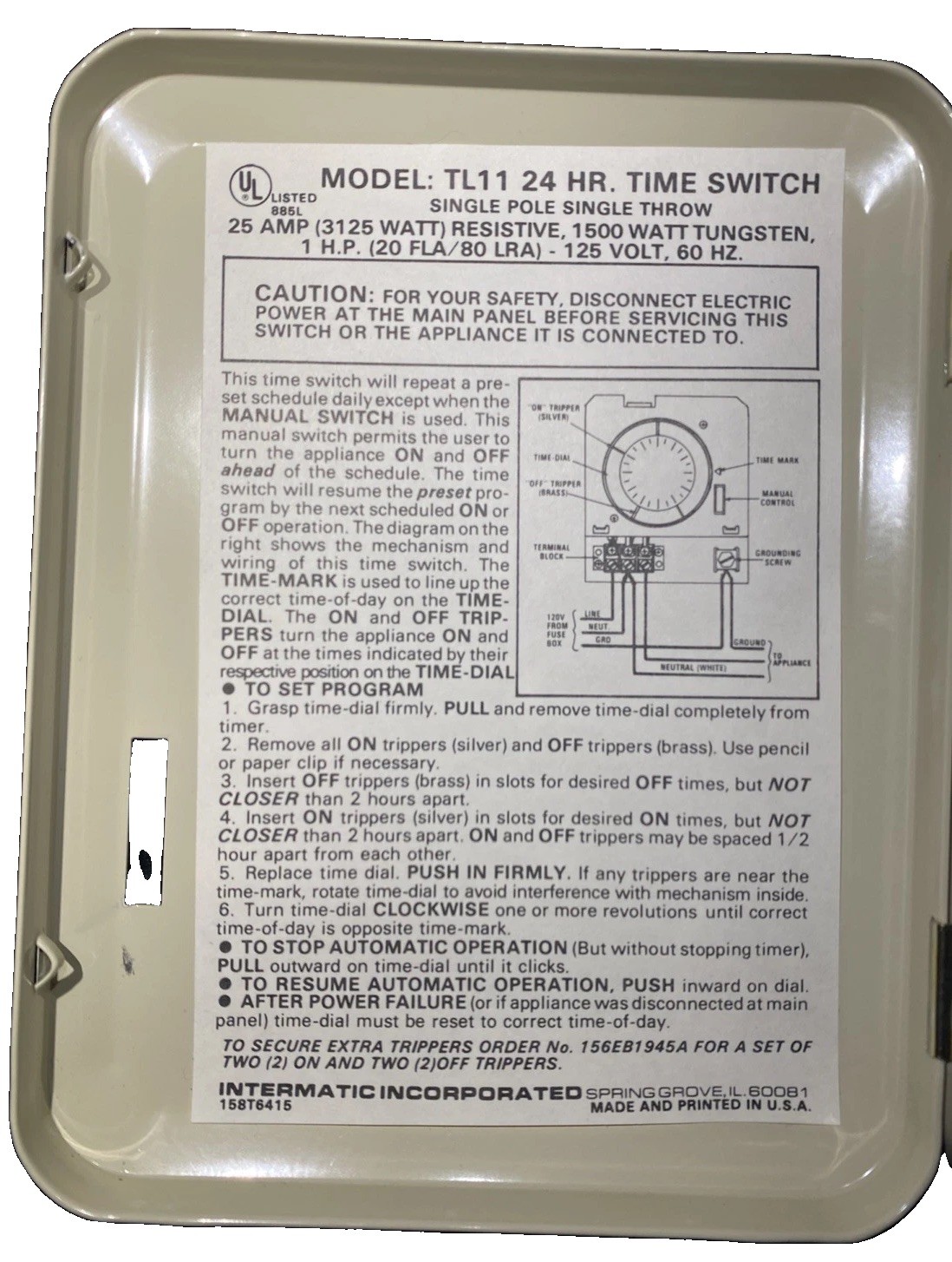 Intermatic Electric Water Heater Timer Switch 24 HR TL11 25 Amp 125 Volts