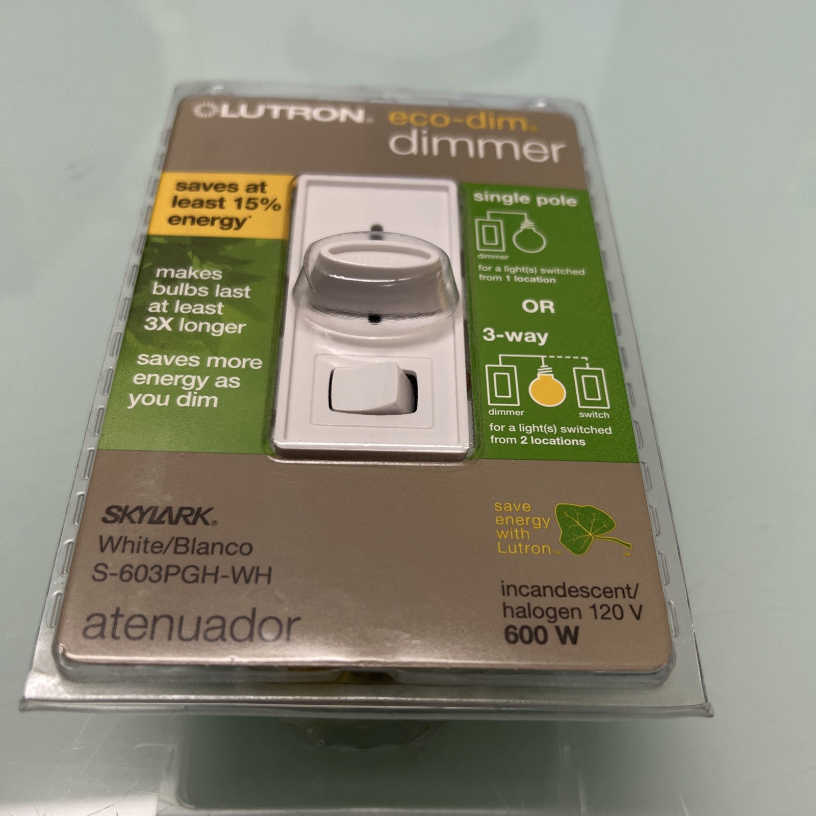 Lutron Eco-Dim Dimmer Switch Single Pole OR 3-Way White S-603PGH-WH NEW