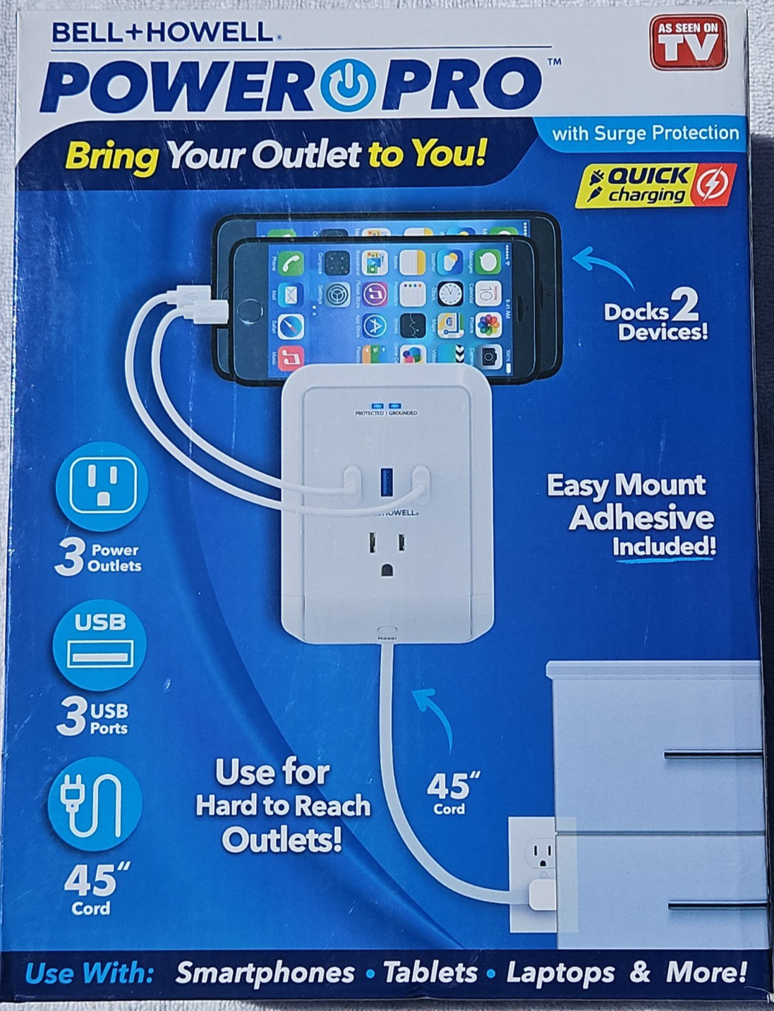 Bell Howell Power Pro Surge Protecter – 45″ Cord – Has 3 Outlet & 3 USB
