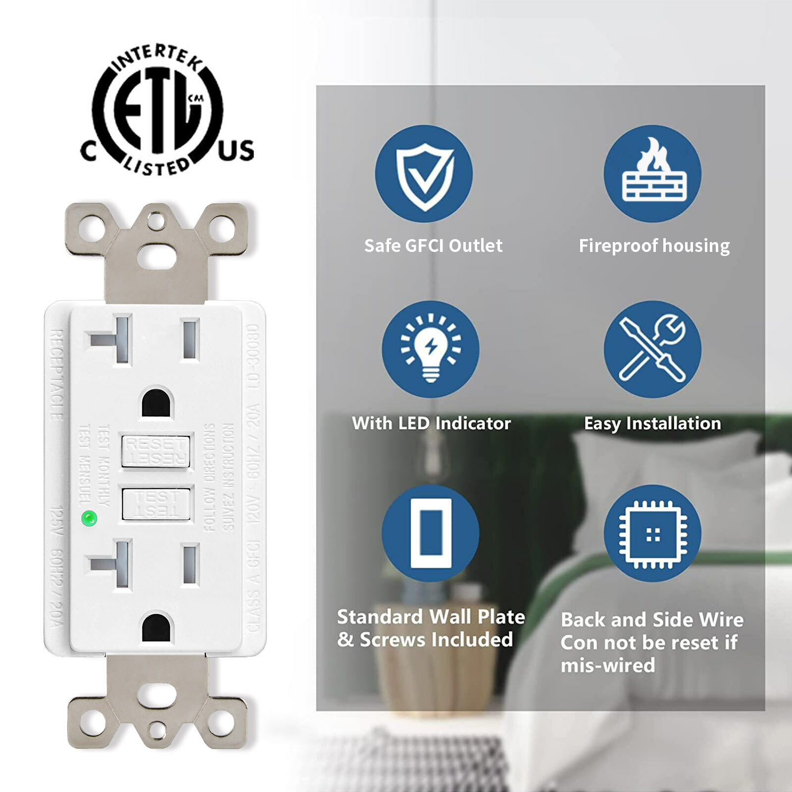 20 Amp/125 Volt Ground Fault Receptacle LED Indicator with Wallplate White 20PCS
