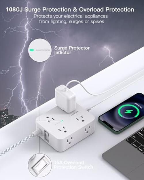 Surge Protector Power Strip 15 Ft Long Cord, 1080J, Flat Plug | 15ft White