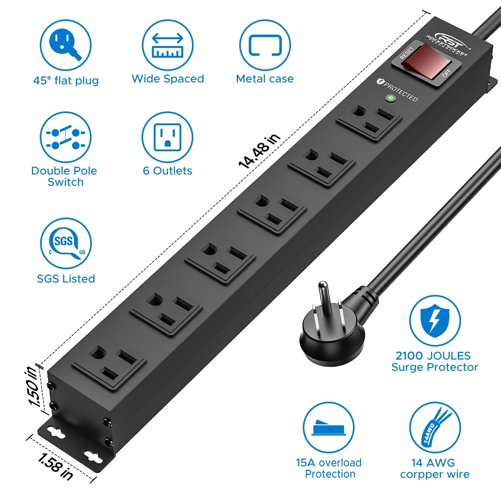 6 Socket Heavy Duty Power Outlet with Surge Protector, ETL Certified 6FT Cord