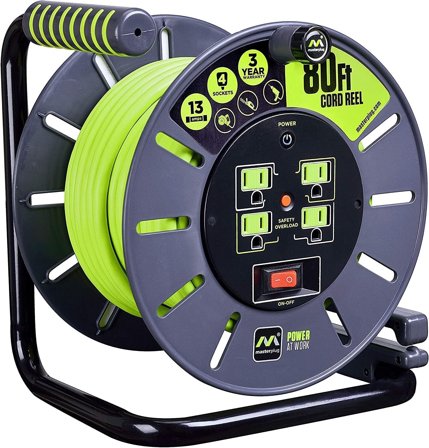 Ergonomic Cord Reel with High Visibility Cable and On/Off Switch