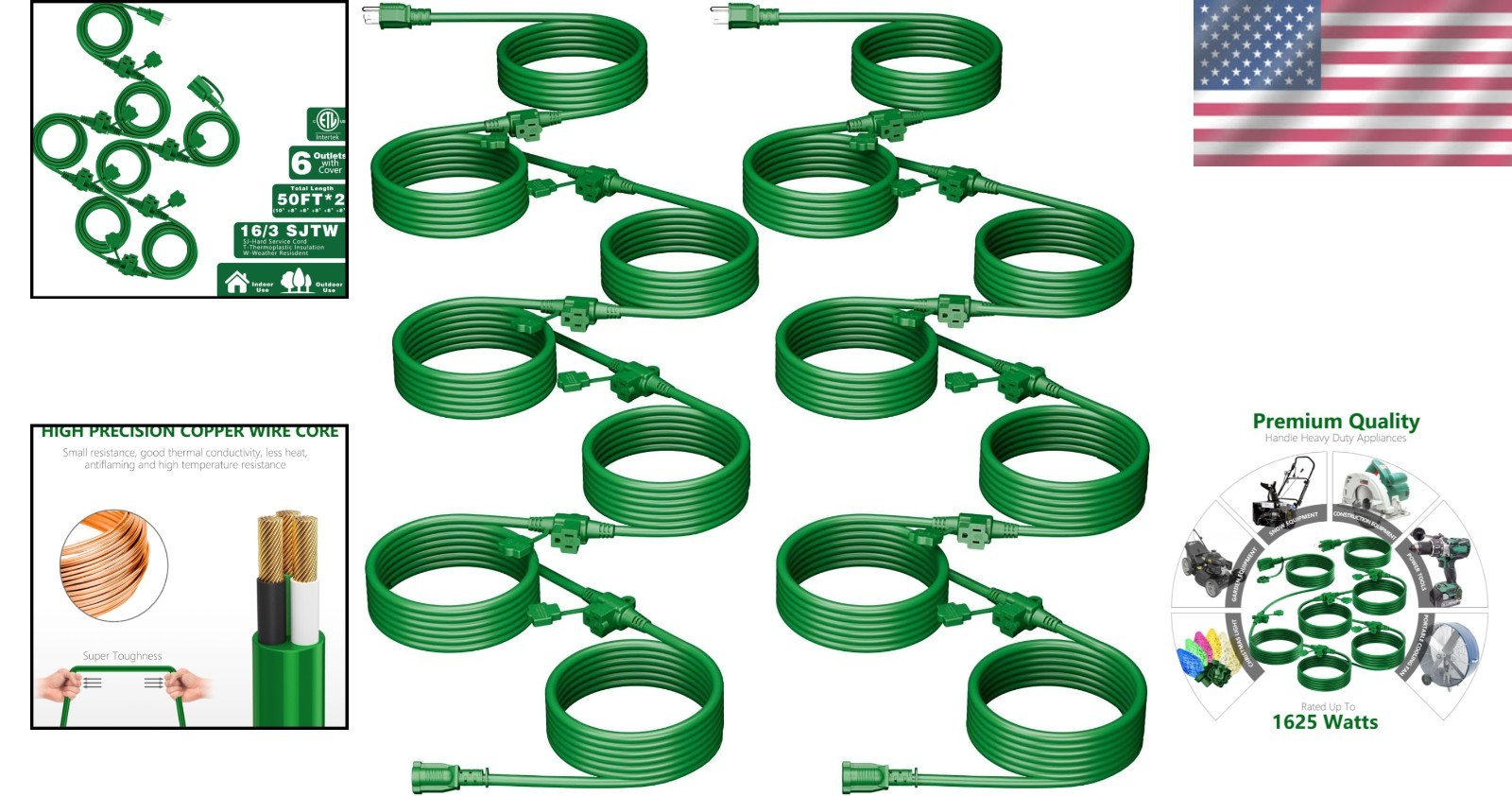 Durable 100FT Outdoor Extension Cord with 12 Integrated Outlets – Certified