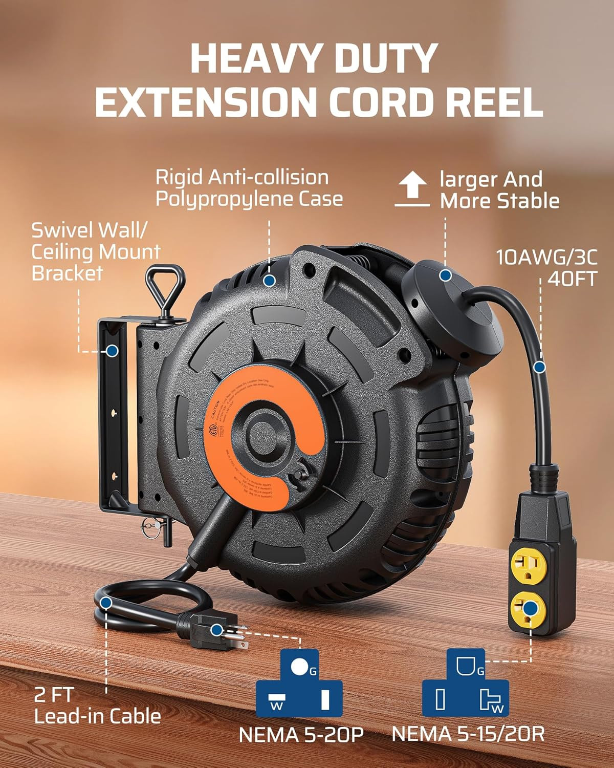 Retractable Extension Cord Reel, 40FT 10AWG/3C SJTW Heavy Duty Power Cord, 4 Gro