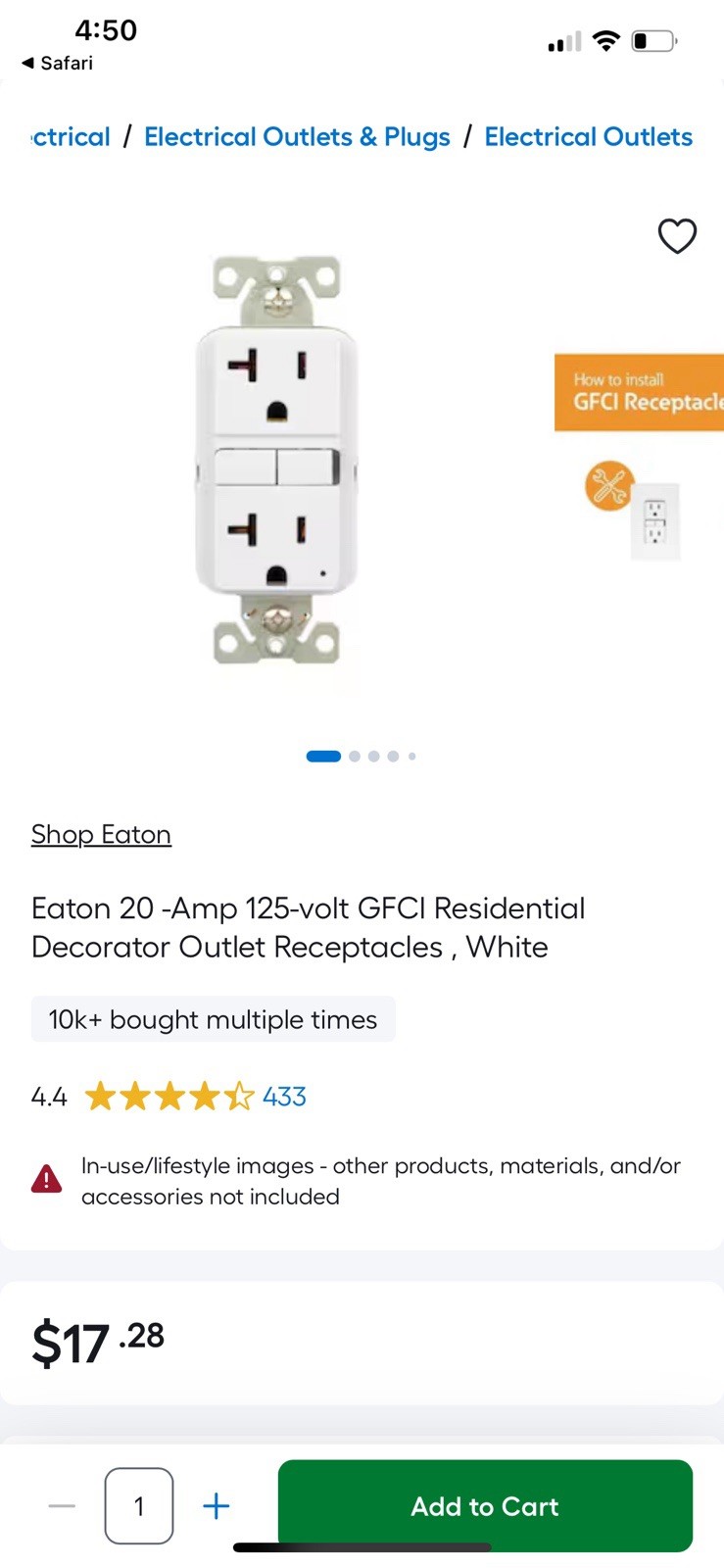 NIB Eaton 20A 125V Tamper and Weather-Resistant Self-Test GFCI Receptacle Outlet