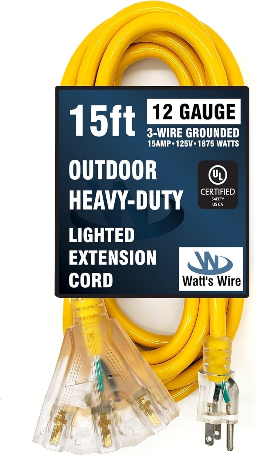 Lighted 15ft Heavy Duty Outdoor Extension Cord – Waterproof & Abrasion Resistant