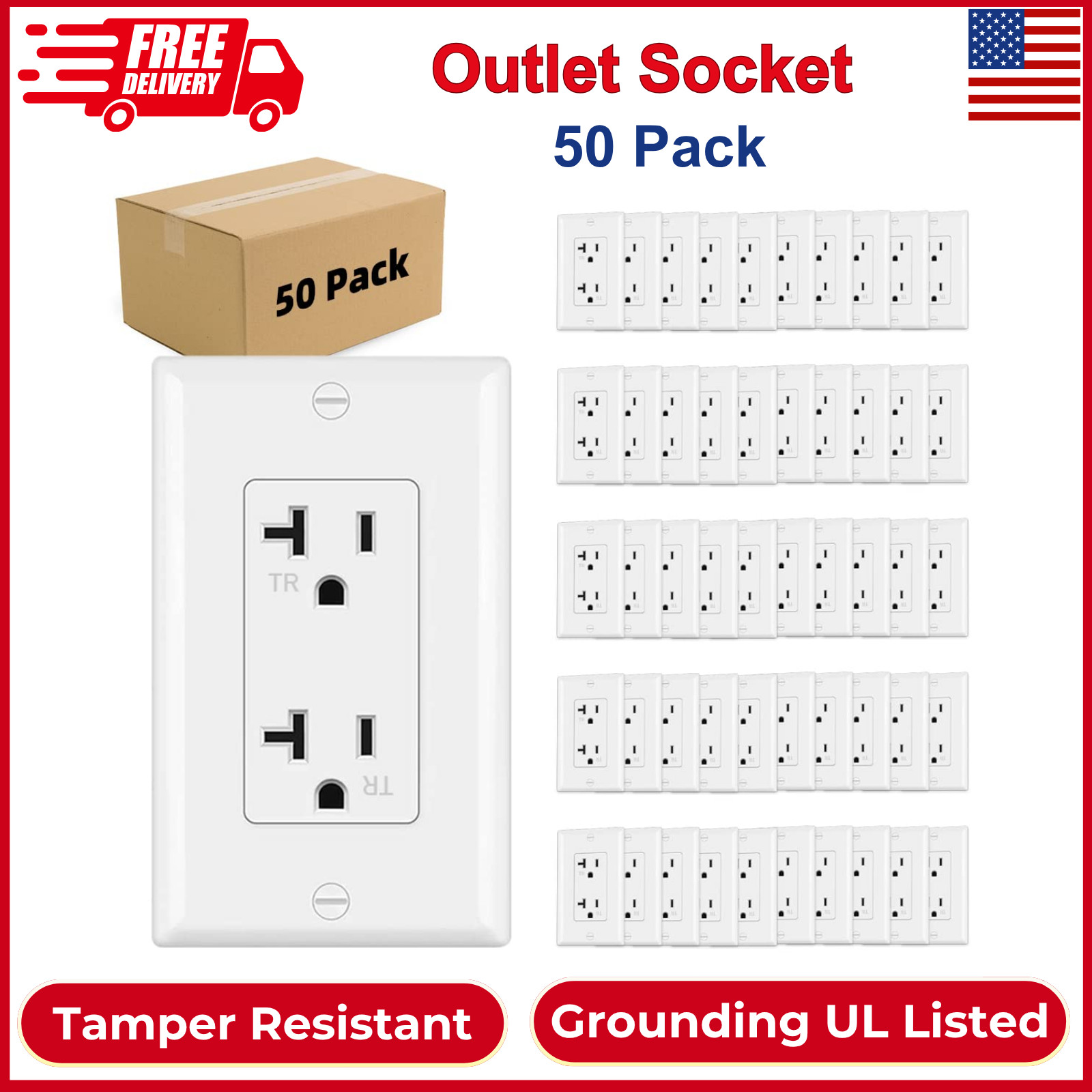 50 Pack Outlet Socket, Decorator Receptacle, 20 Amp 125 Volt, Tamper Resistant