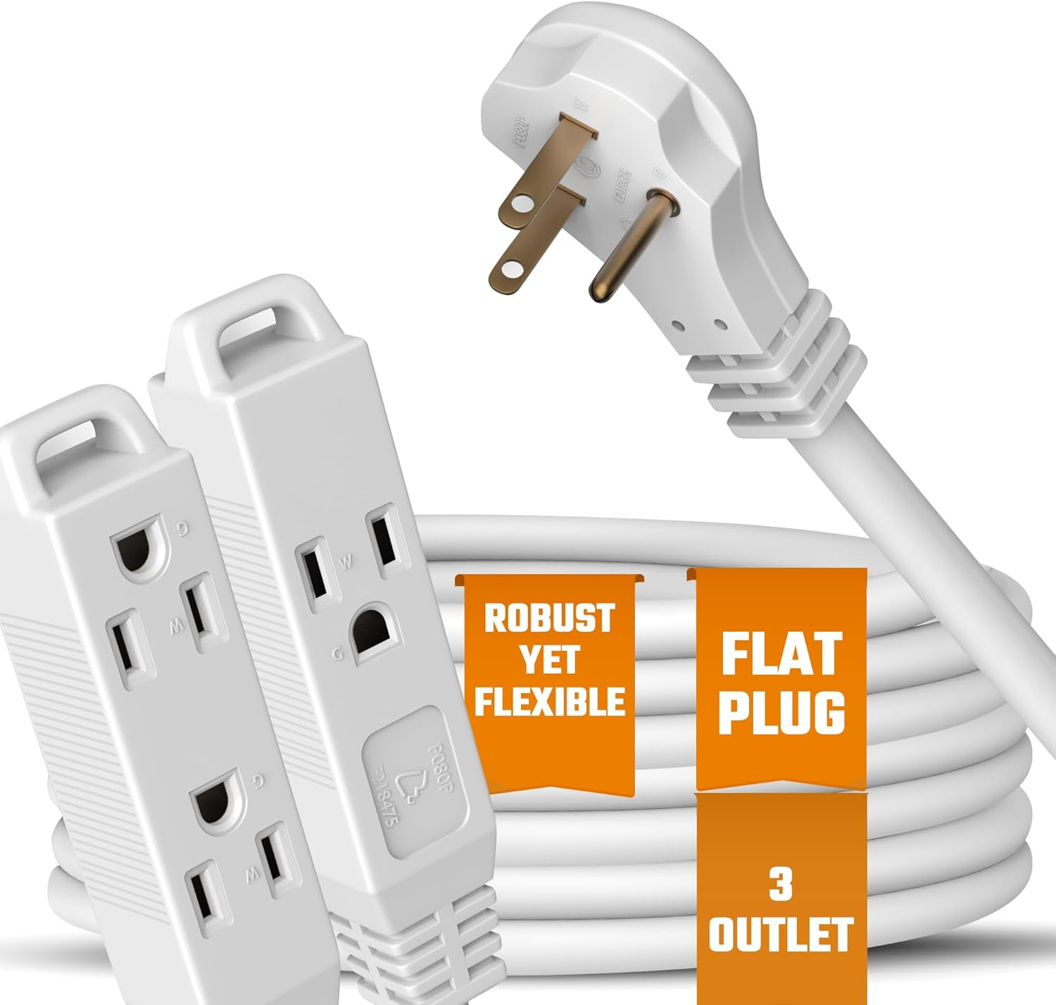 Flat 3-Outlet Extension Cord 20 Ft for Indoor Use by – Ul-Listed