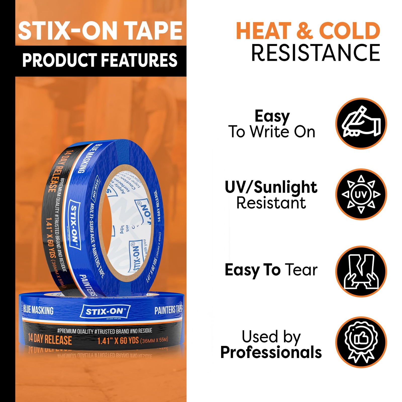 Stix-On Painters Tape 1.5 Inch Wide 24 Roll Painting Tape Blue Masking Tape