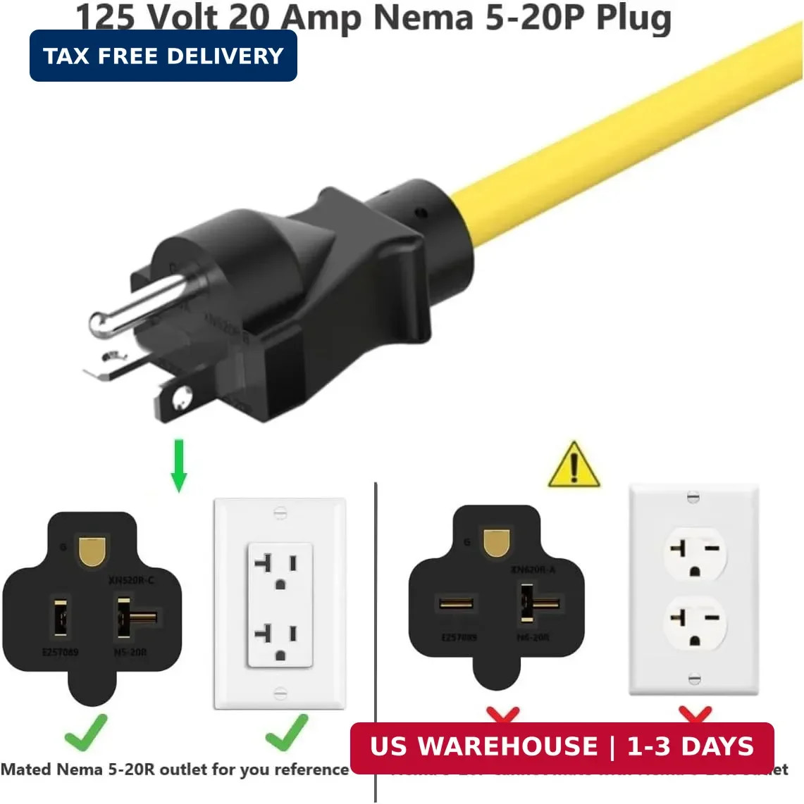 15-Ft 12AWG Nema 5-20P Extension Cord 20 Amp 125V Plug 5-20 Heavy Duty Extension