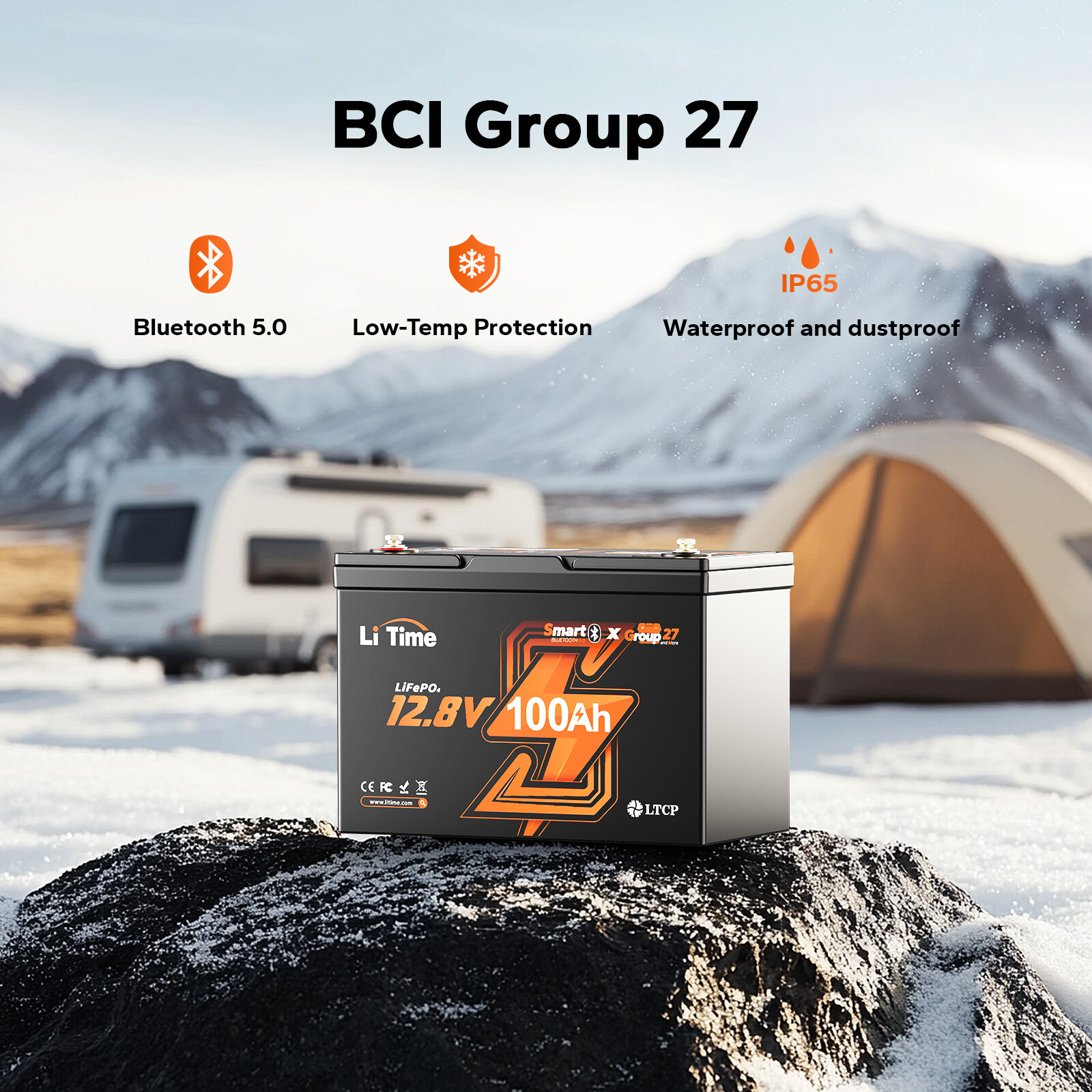 LiTime 12V 100Ah Group 27 Bluetooth LiFePO4 Lithium Battery For RV Marine Solar