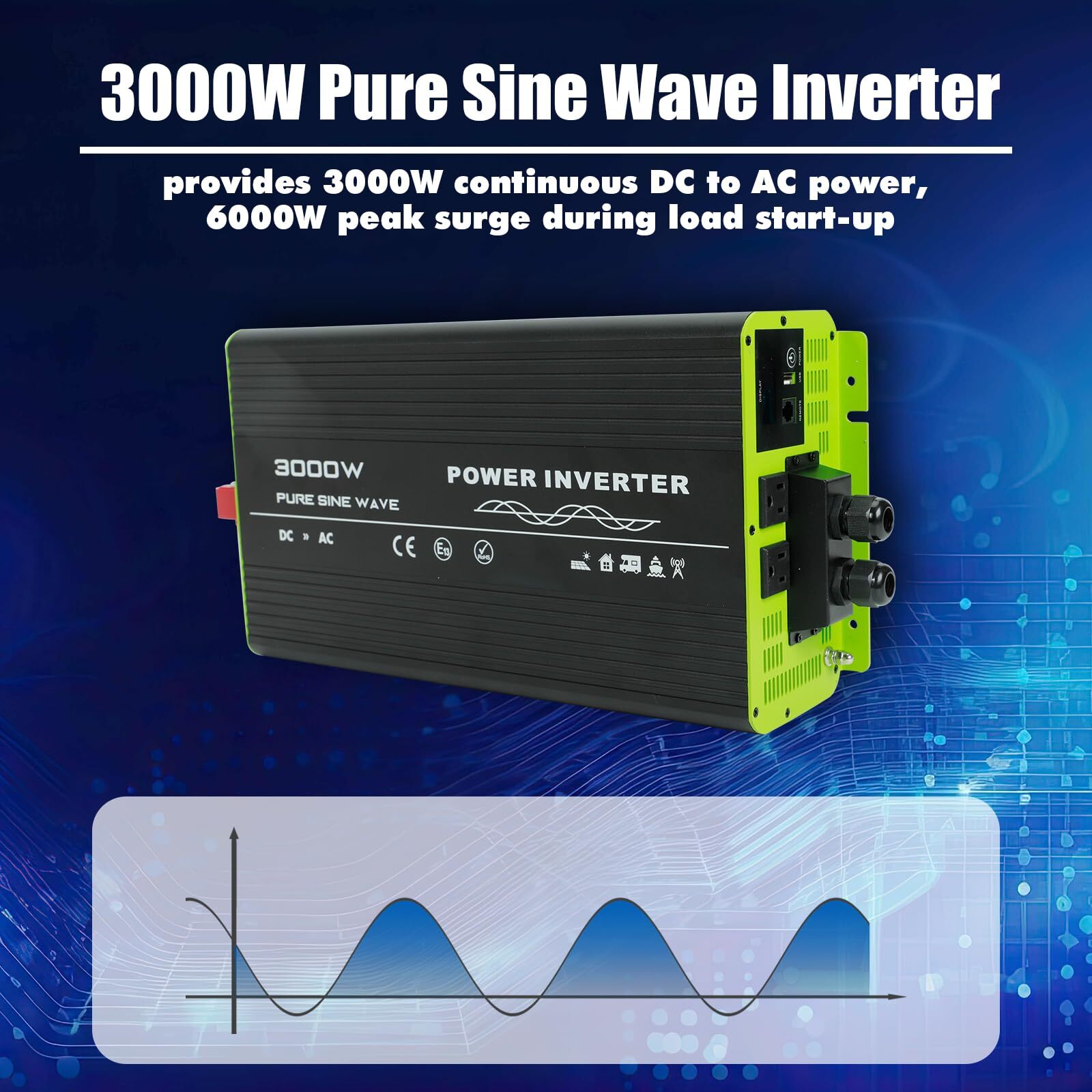 3000W for RV Camper Pure Sine Wave Inverter 12V DC to 120V AC Converter
