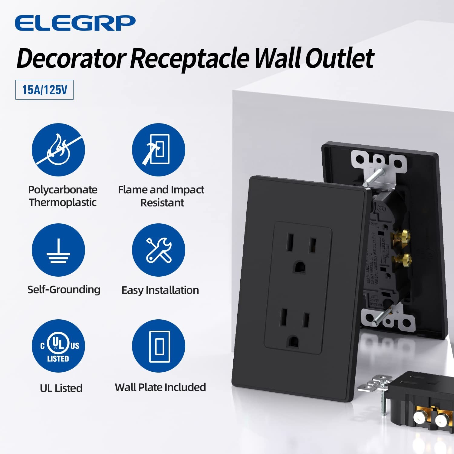 Matte Black Standard Decorator Electrical Wall Receptacle Outlet, 15A 125V, 2…